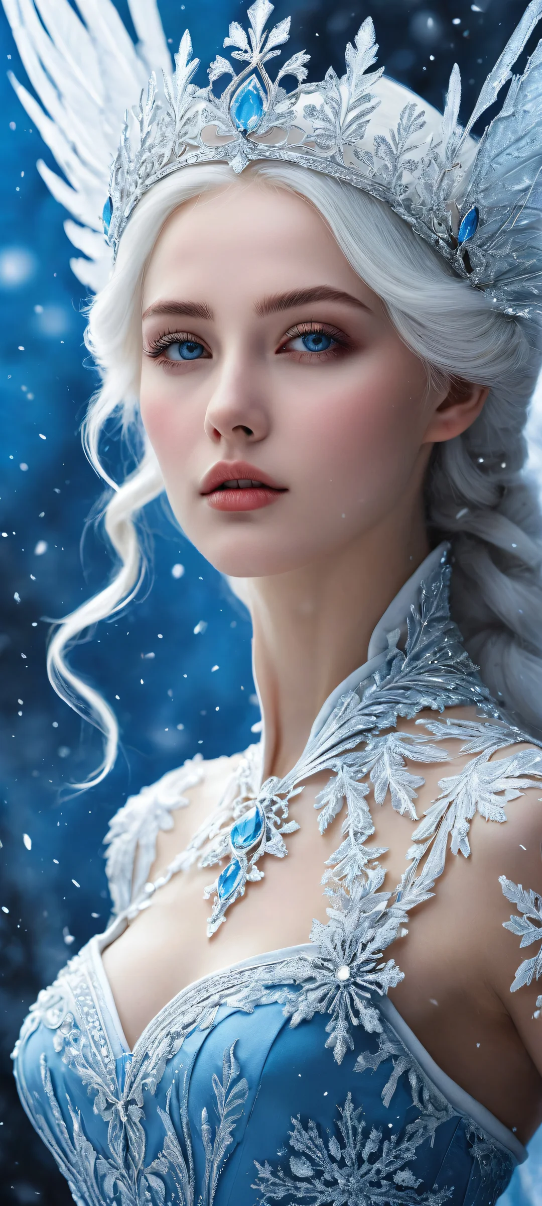 A beautiful winter artwork of a girl with white hair and blue eyes, surrounded by snowflakes, perfect for iPhone/Android home screens.