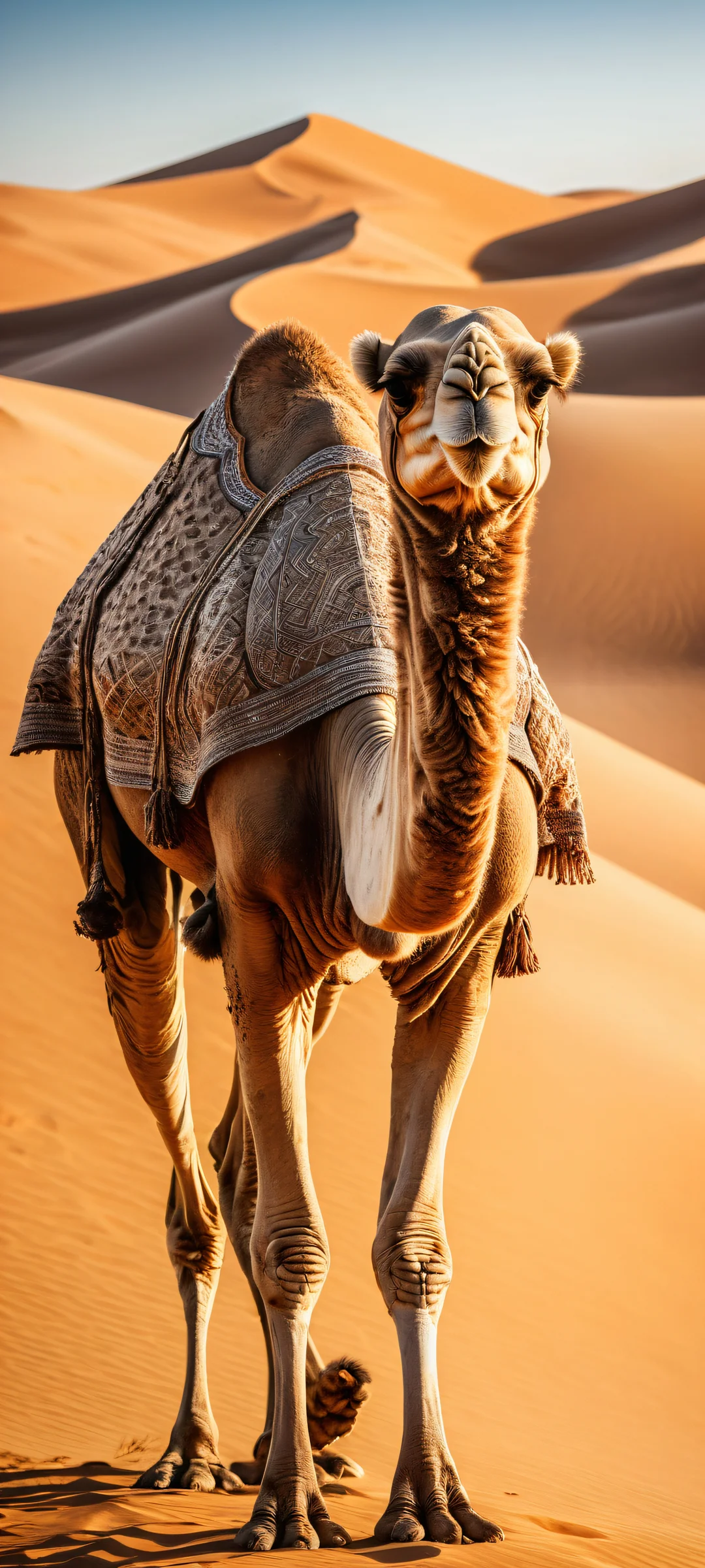A stunning portrait of a stylized camel with Idris Elba-inspired facial features, perfeitamente otimizado para telas iniciais de iPhone e Android.
