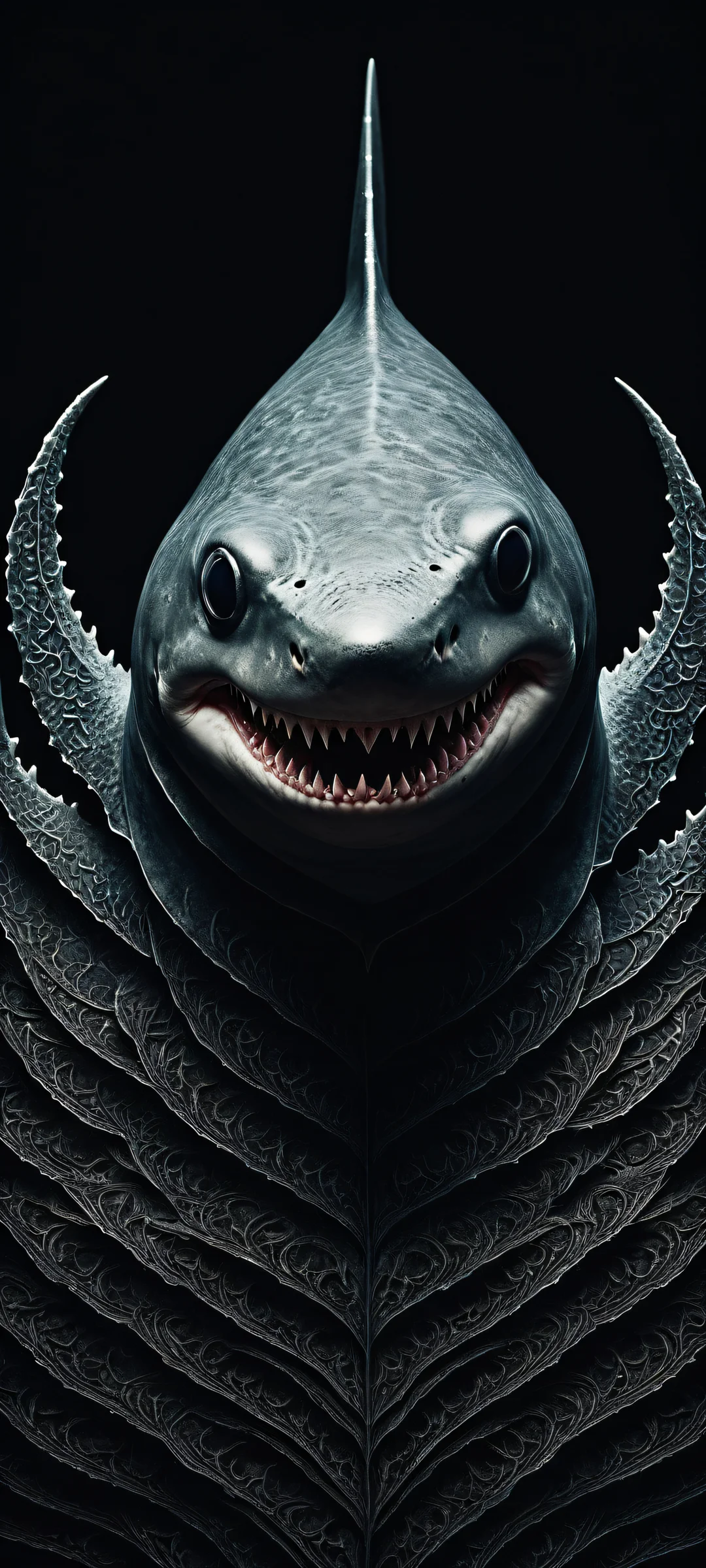 A stylized IKEA Blahaj Shark artwork on iPhone/Android, featuring intricate micro-details and a striking dark mode aesthetic.