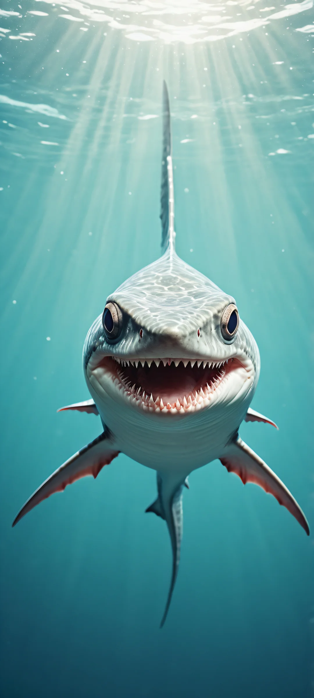 A stunning iPhone/Android wallpaper featuring an axolotl-like Blahaj Shark, perfectly optimized for seamless integration with Apple UI design principles.