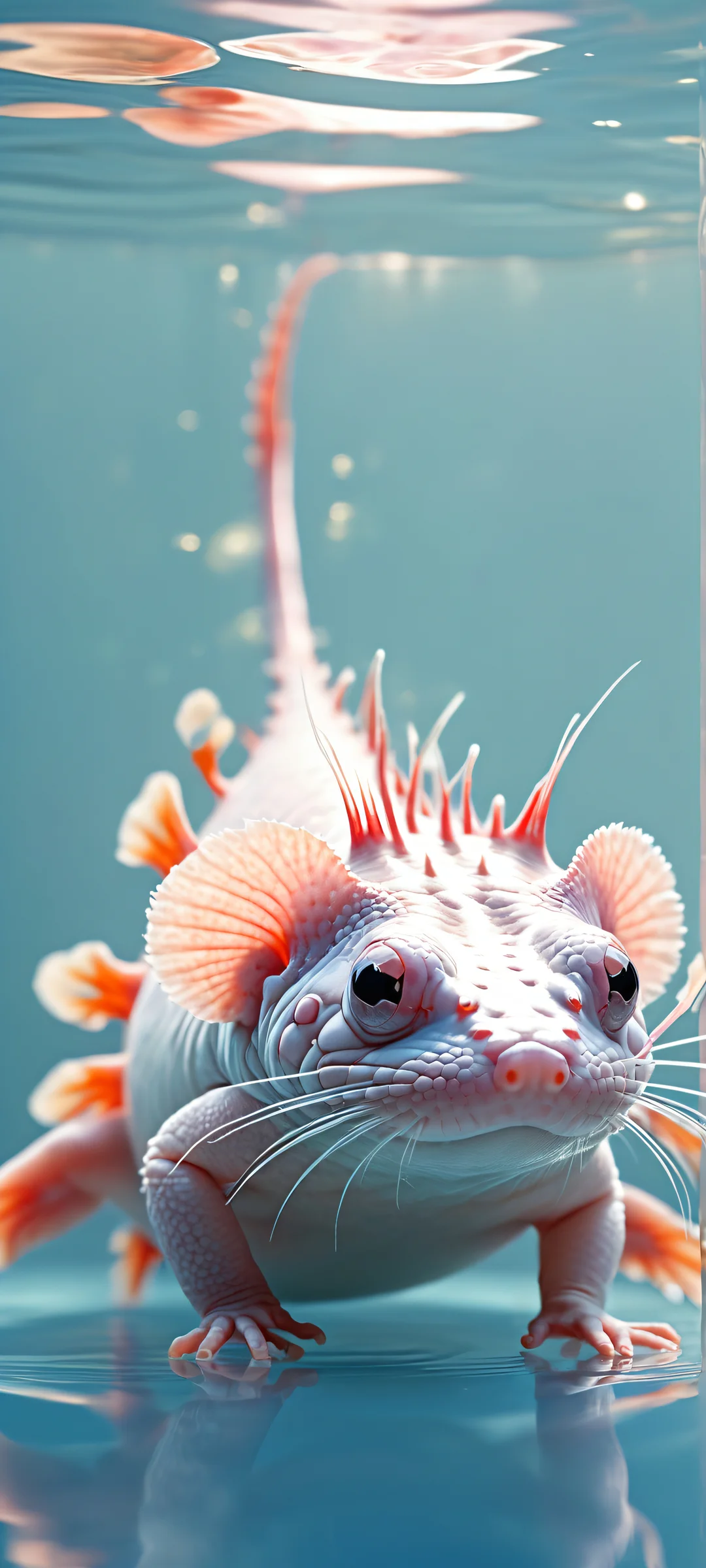 Ethereal Axolotl Aesthetic Phone Wallpaper A surreal iPhone/Android wallpaper featuring an IKEA Blahaj transformed into an axolotl, placed in the lower-middle with stunning micro-details against a pristine, void-filled background.