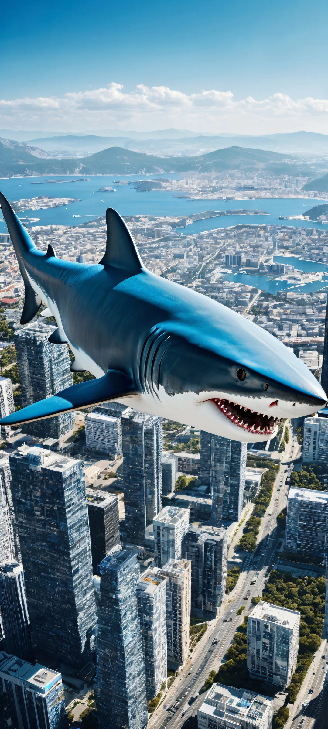 iPhone/Android user, immerse yourself in the surreal world of Ikea Shark, with intricate mechanical details and soft blue accents, perfectly optimized for your device's home screen.