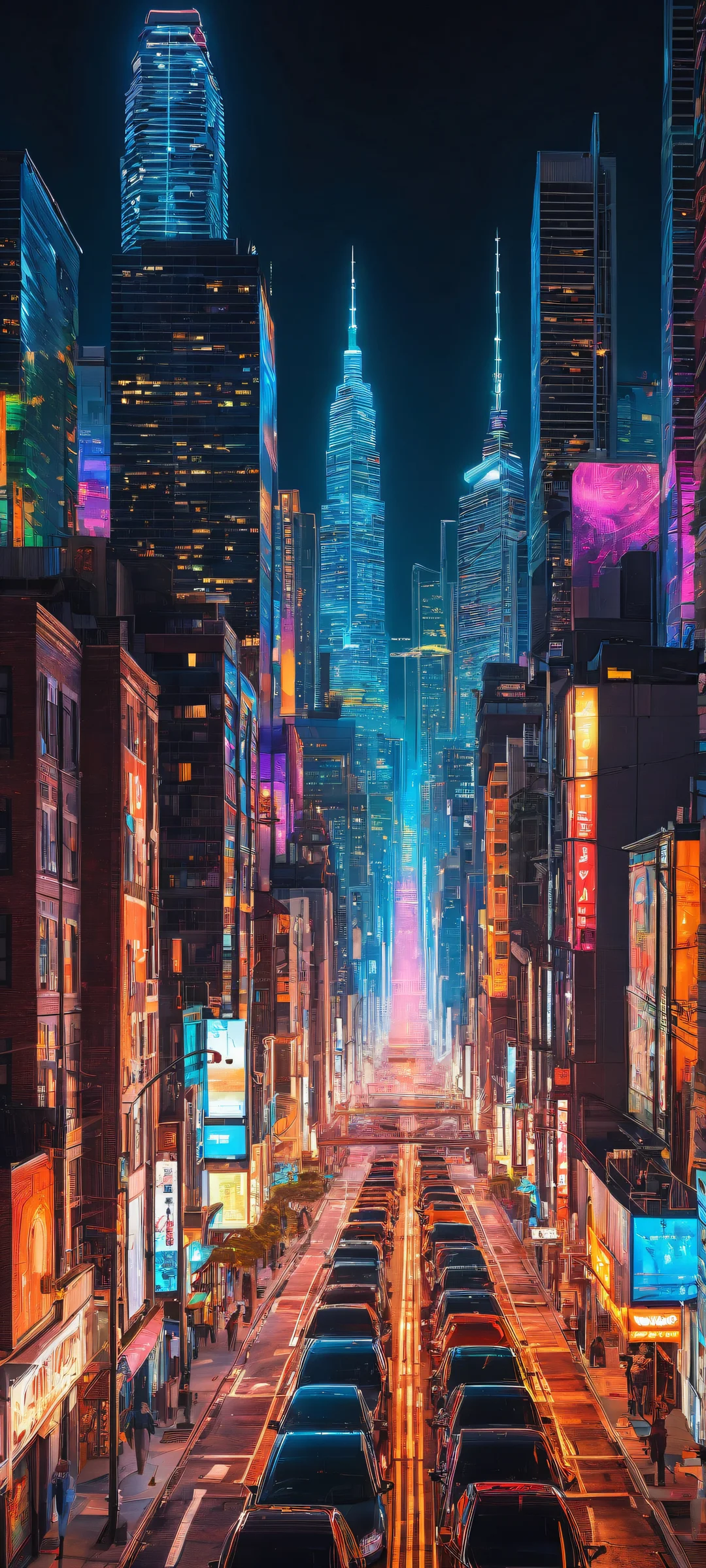 A stunning iPhone/Android wallpaper featuring a breathtaking vertical portrait of an illuminated cityscape with intricate micro-details of neon-lit street art and graffiti, perfectly optimized for home screens.