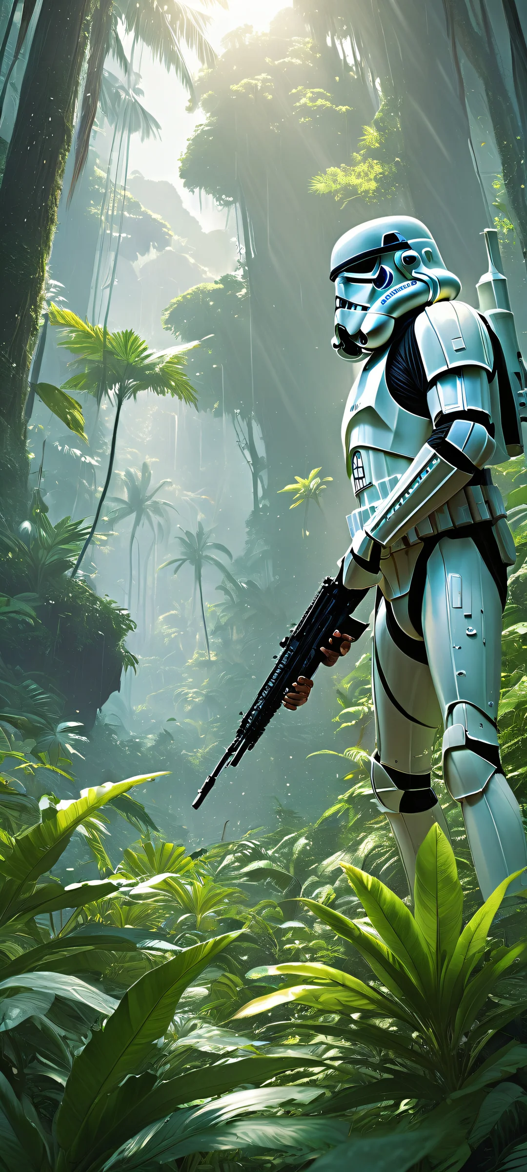 iPhone and Android compatible vertical portrait of Stormtroopers in a jungle battle scene with intense rain, explosions, and blaster fire.