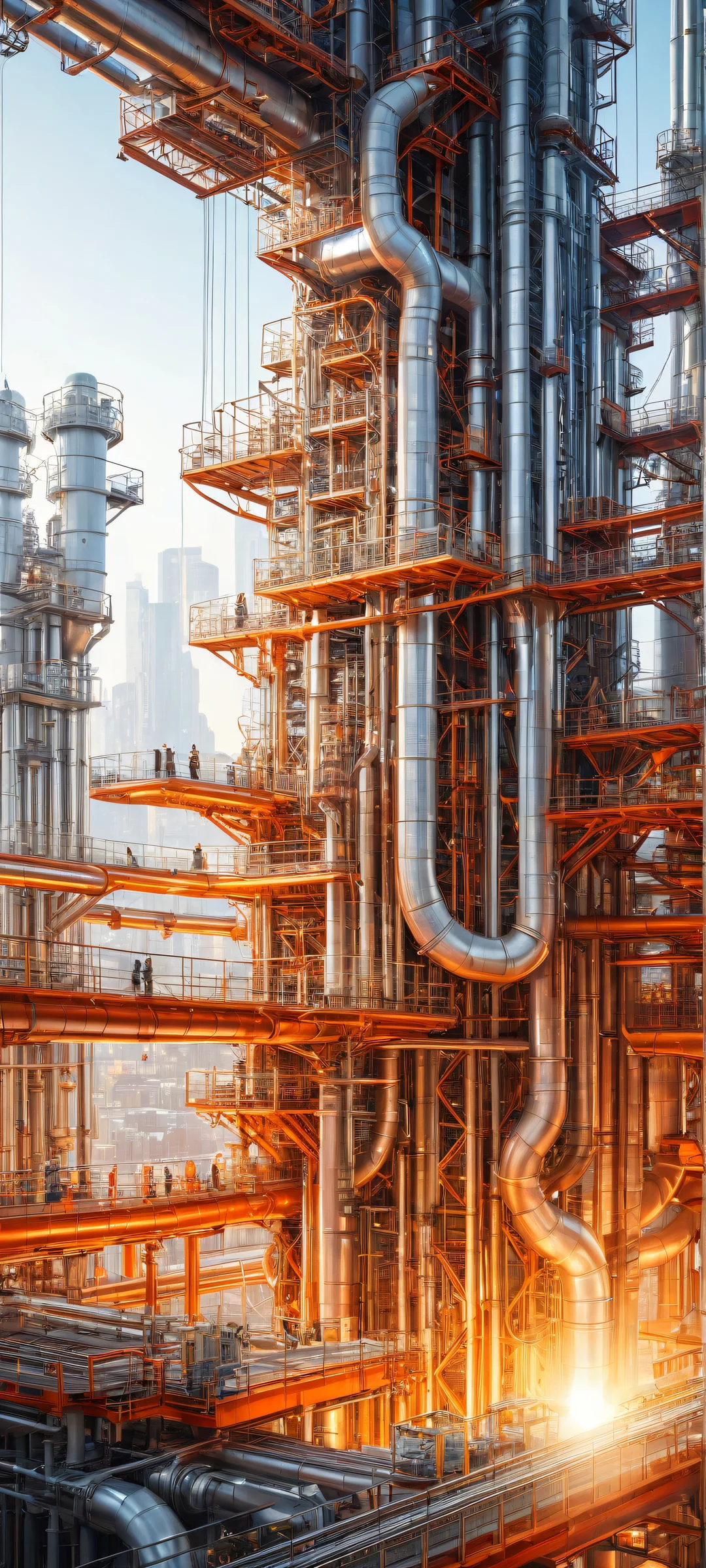 iPhone and Android compatible industrial landscape wallpaper featuring intricate machinery details, radiant sunlight, and ray-traced reflections.
