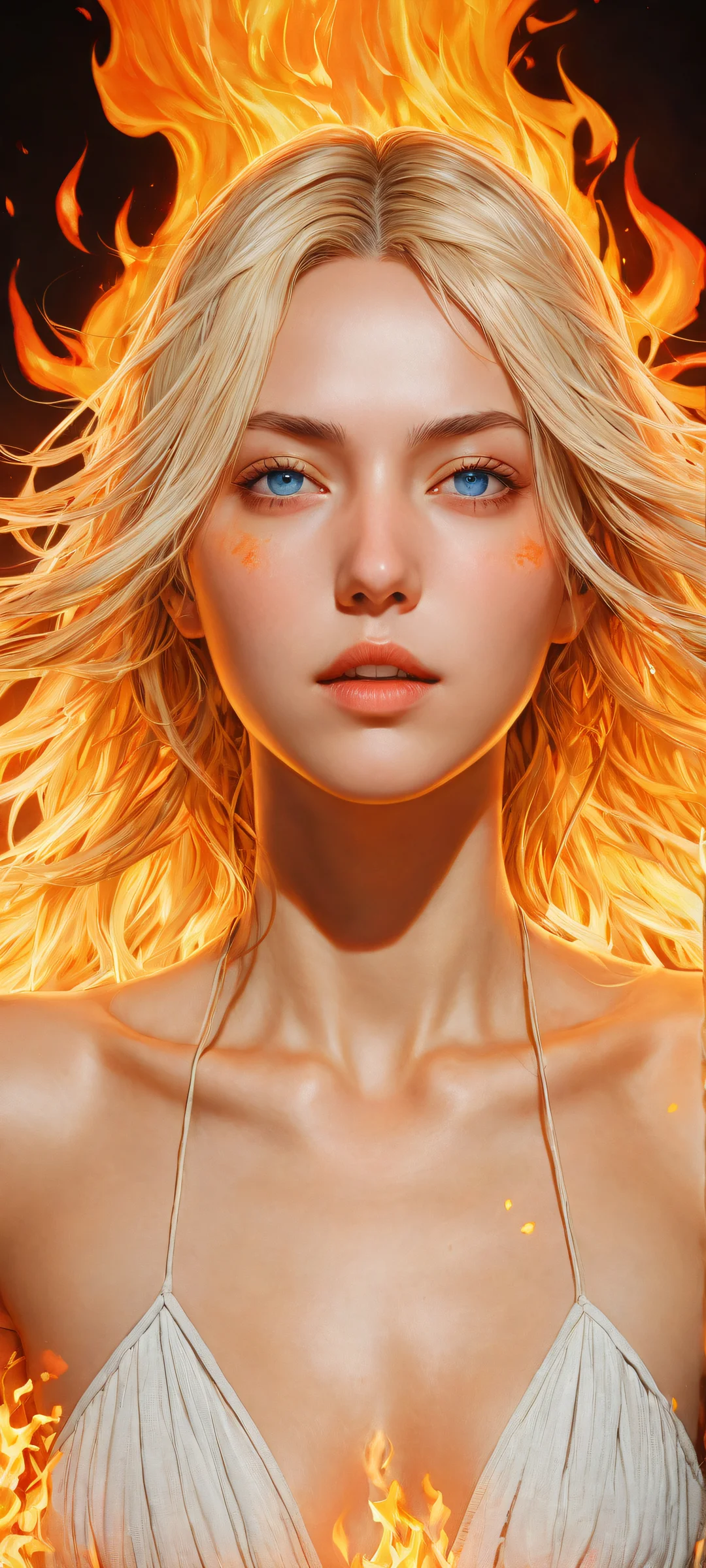 Blonde-haired protagonist gazing out from Haumea's fiery flames on an iPhone or Android device.