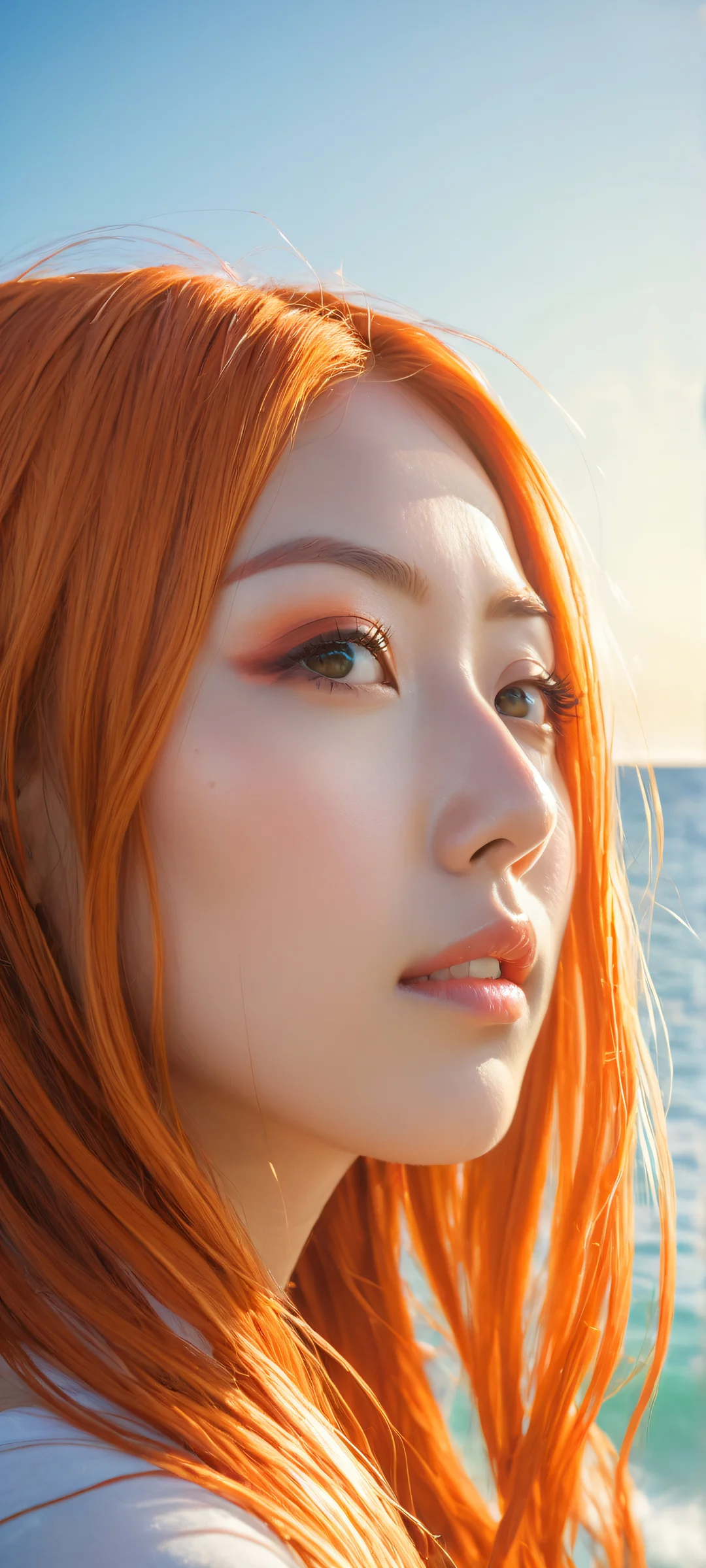 A serene beachside portrait of Inoue Orihime, perfectly optimized for iPhone/Android home screens, with stunning ocean views and intricate micro-details. A masterpiece for any fantasy fan.