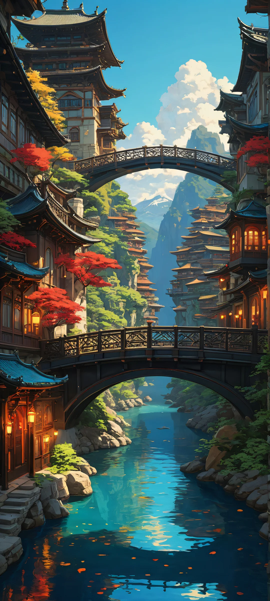 Majestic bridge artwork for iPhone and Android with Asian-inspired architecture, reminiscent of Studio Ghibli's mystical world.