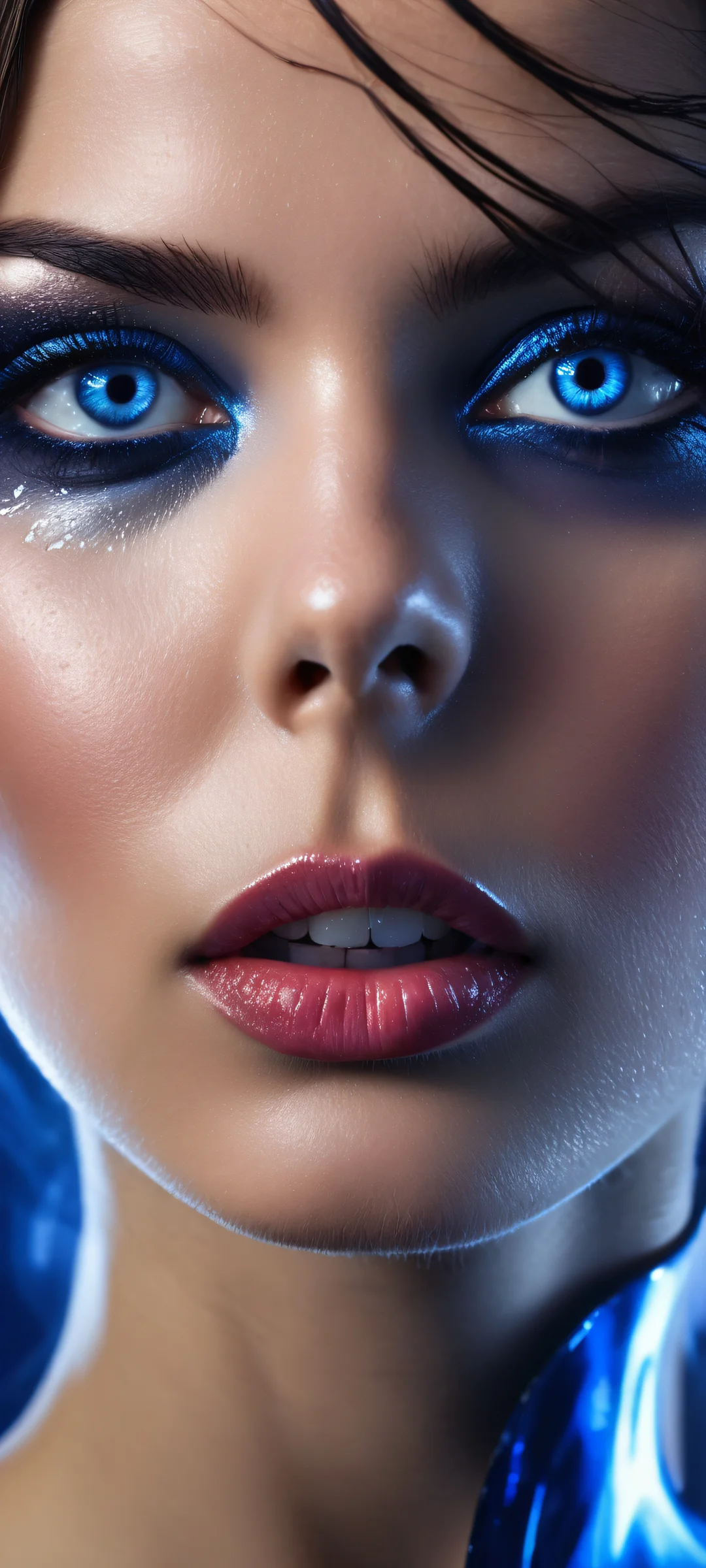 A breathtaking portrait of a detailed face with intricate facial expression placed in the lower-middle on an iPhone or Android, perfectly clean and empty top half for UI.