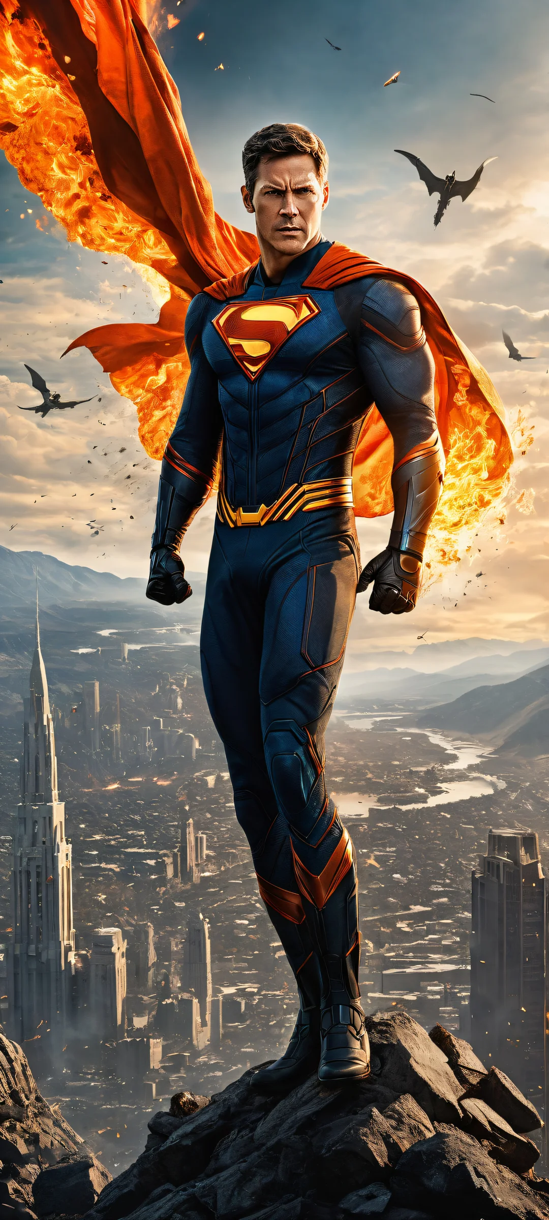 A breathtaking vertical portrait of Mark Grayson (Invincible) in his superhero suit, surrounded by epic destruction on a desolate planet with iPhone/Android