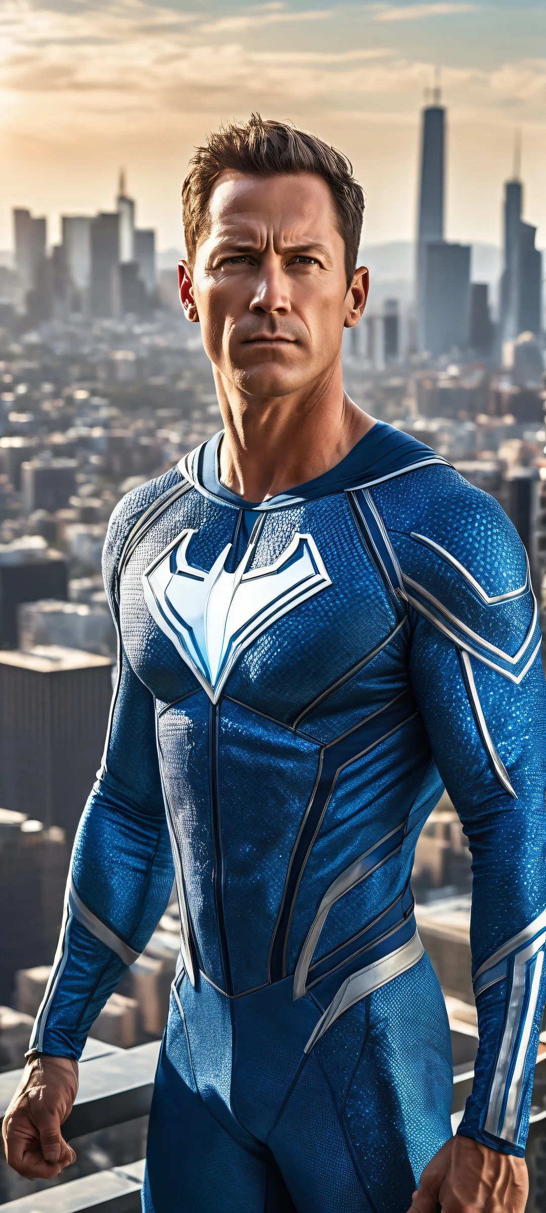 Mark Grayson, the invincible superhero, stands out against a stunning cityscape on an iPhone/Android background