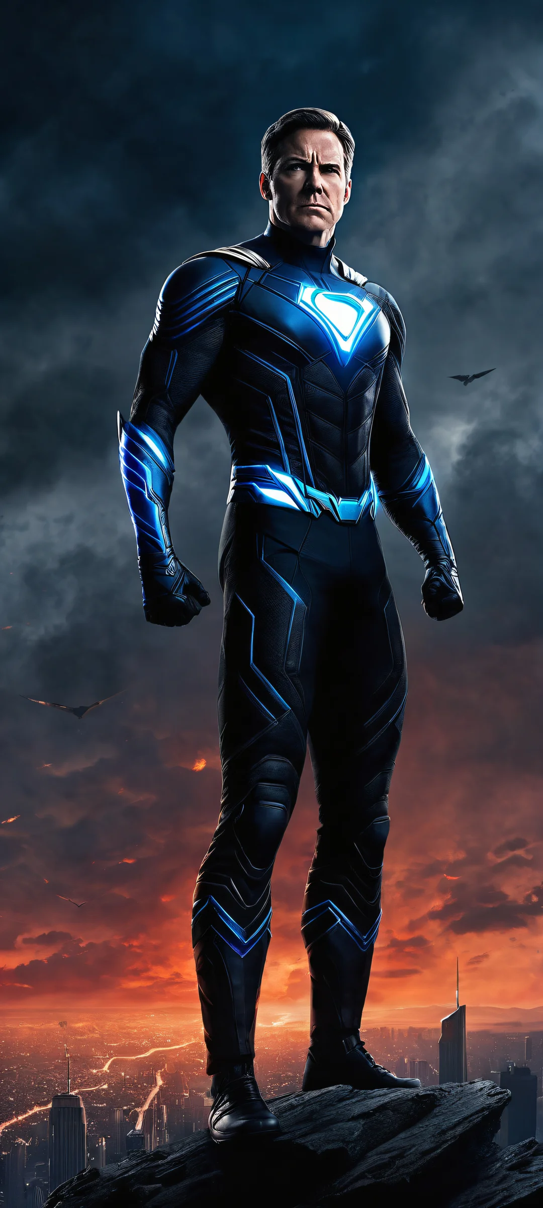 Mark Grayson, the superhero Invincible, soars through the sky on his flying pose, with intricate details of his suit and expression, perfect for iPhone/Android home screens.