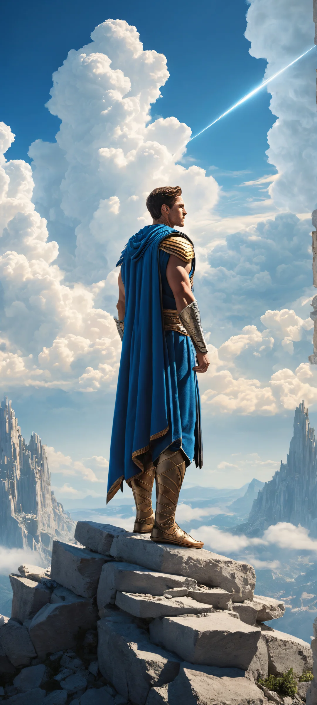 Nolan Grayson standing amidst ruins with breathtaking skies and clouds. Perfeito para telas iniciais de iPhone/Android.