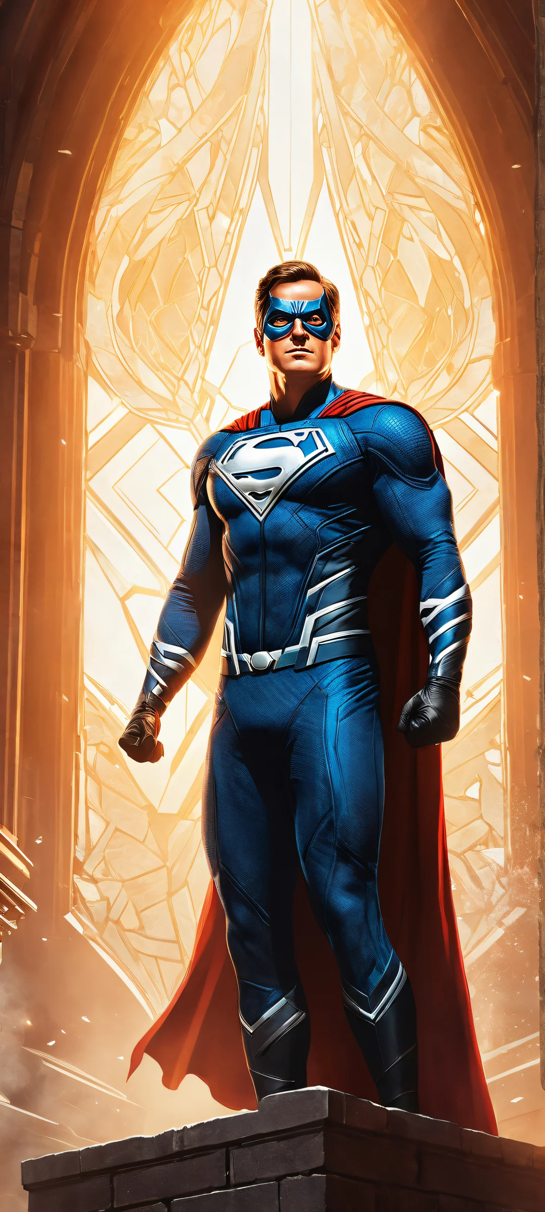 A superhero portrait of Invincible on a wooden background, perfekt optimiert für iPhone- und Android-Startbildschirme.