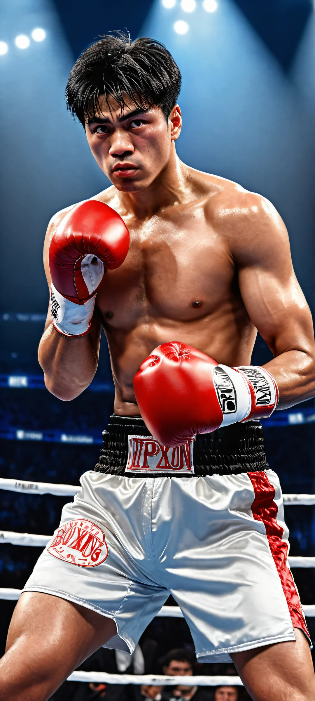 Ippo's Fury 2K Phone Wallpaper A dramatic vertical portrait of Ippo surrounded by intense boxing arena lights and gloves, perfect for iPhone/Android home screens.