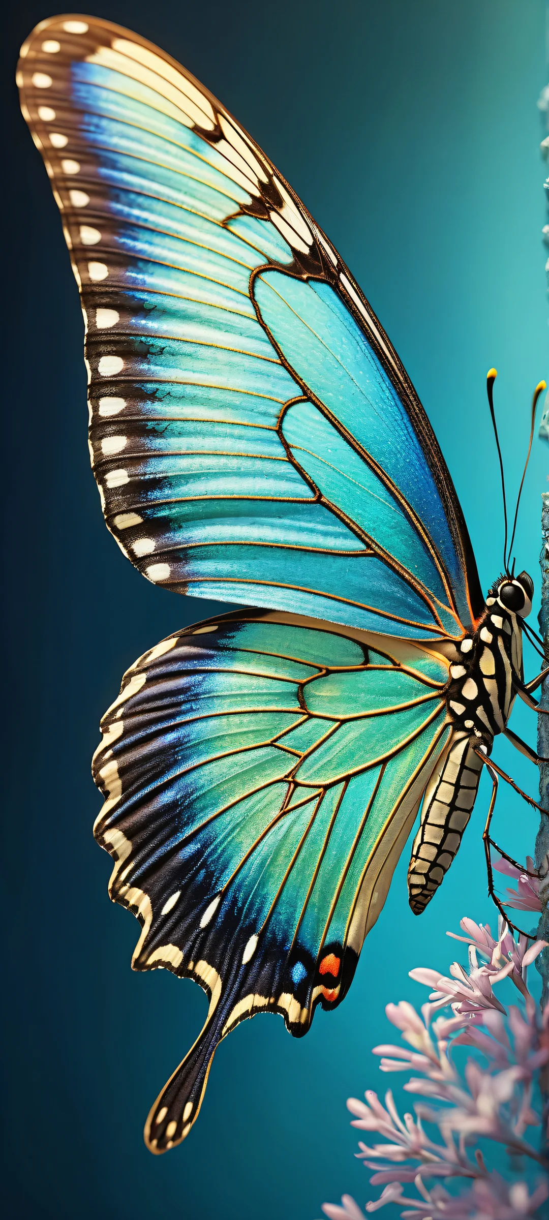 Beautiful iridescent butterfly on a pure void background, perfectly optimized for iPhone and Android home screens.