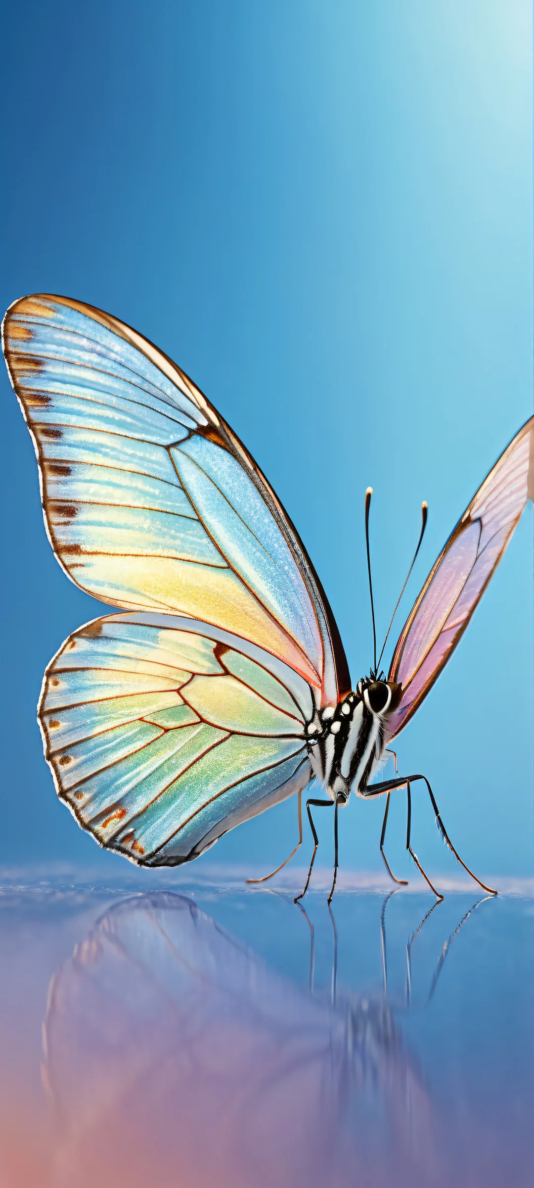 Iridescent butterfly in a serene sunrise setting on an iPhone or Android device. Perfect for your home screen.