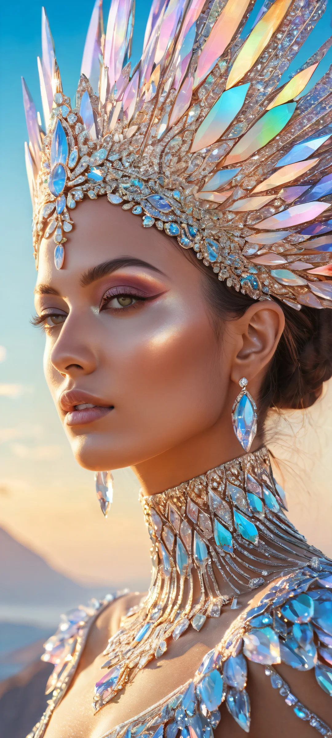 Iridescent crystals on a mystical landscape for iPhone and Android backgrounds with radiant colors and reflections.