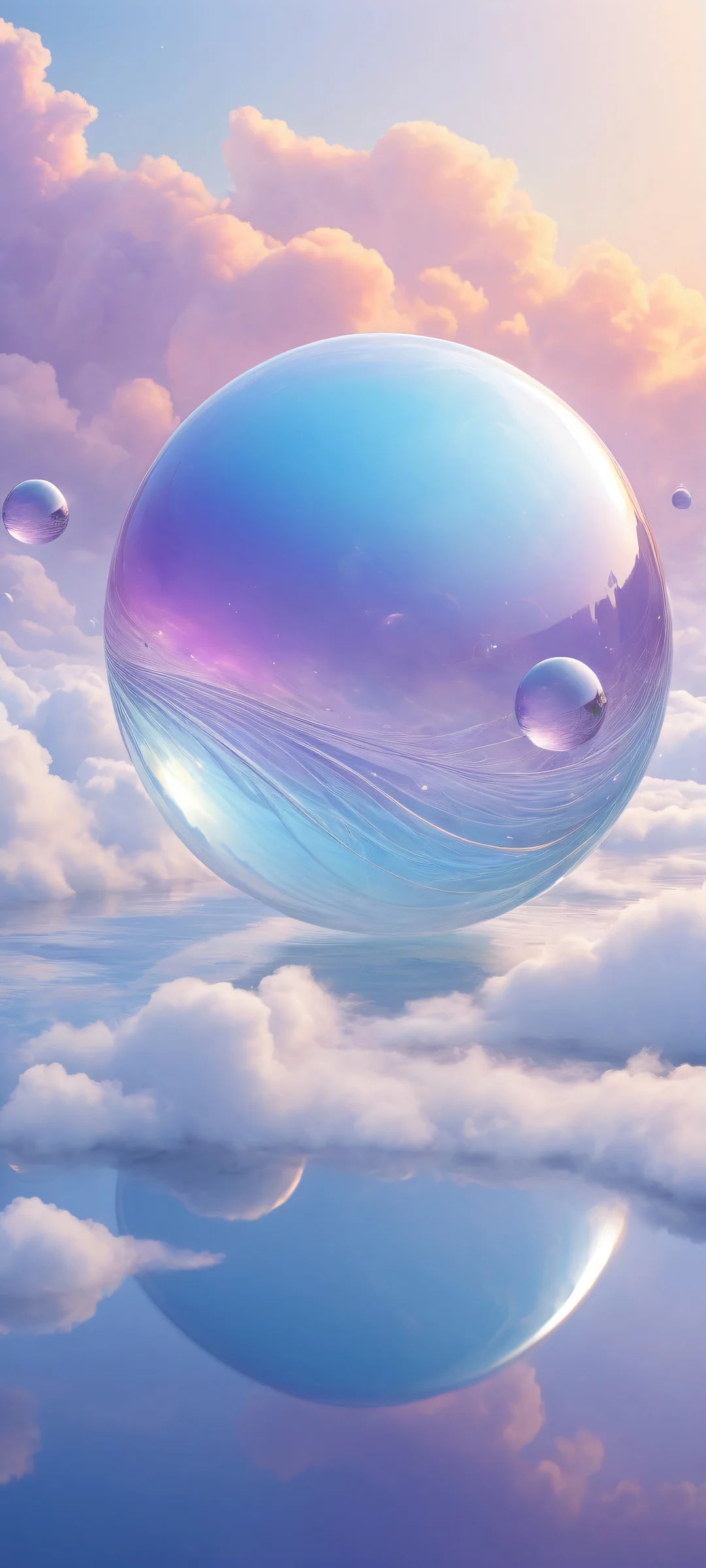 Iridescent orbs floating amidst wispy clouds and swirling tendrils on a pristine, gradient-filled background for iPhone/Android home screens.