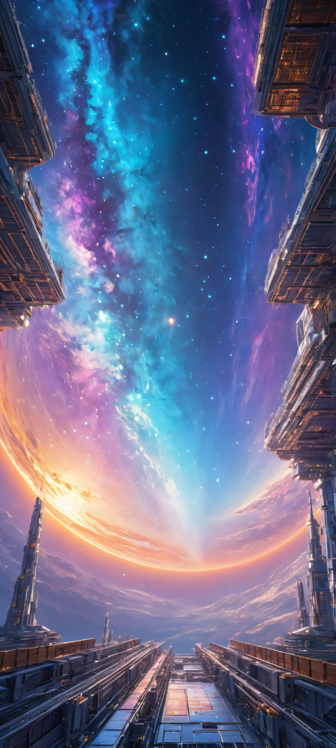 A breathtaking vertical portrait artwork of an iridescent space station on a pure void background, perfectly optimized for iPhone and Android home screens.