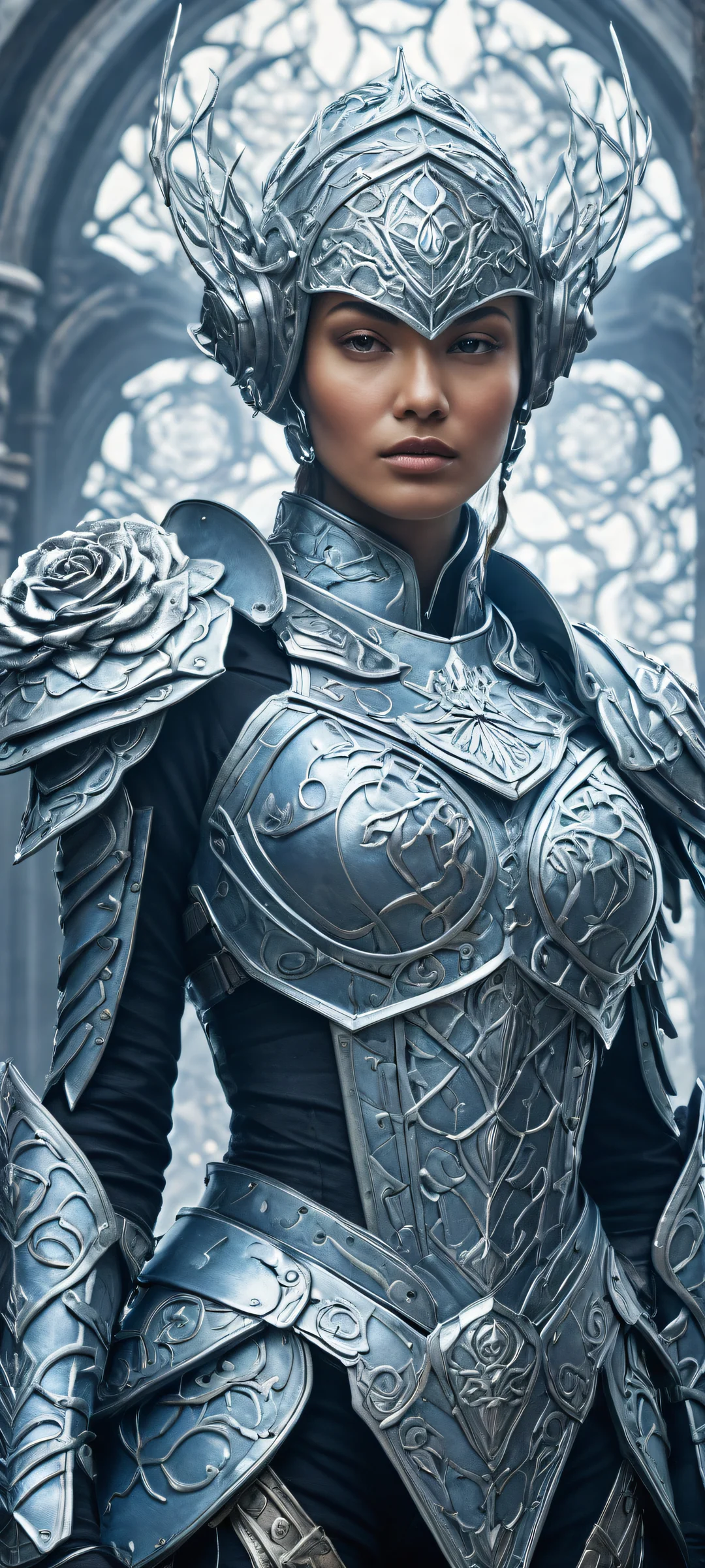 A majestic iron rose sentinel stands guard, adorned with intricate armor and holding an iron shield, perfectly suited for iPhone/Android home screens.