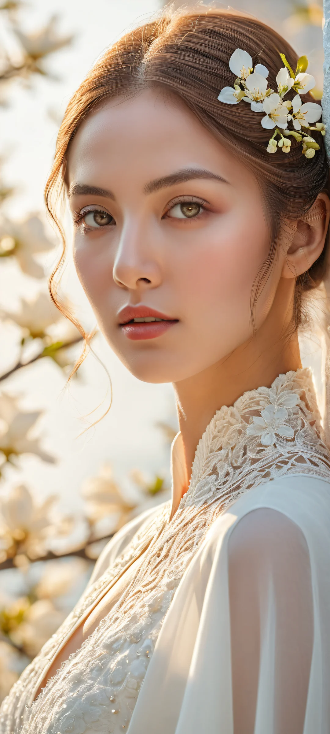 A stunning iPhone and Android compatible wallpaper featuring Ivory Bloom in a breathtaking portrait setup with elegant lighting and micro-details.