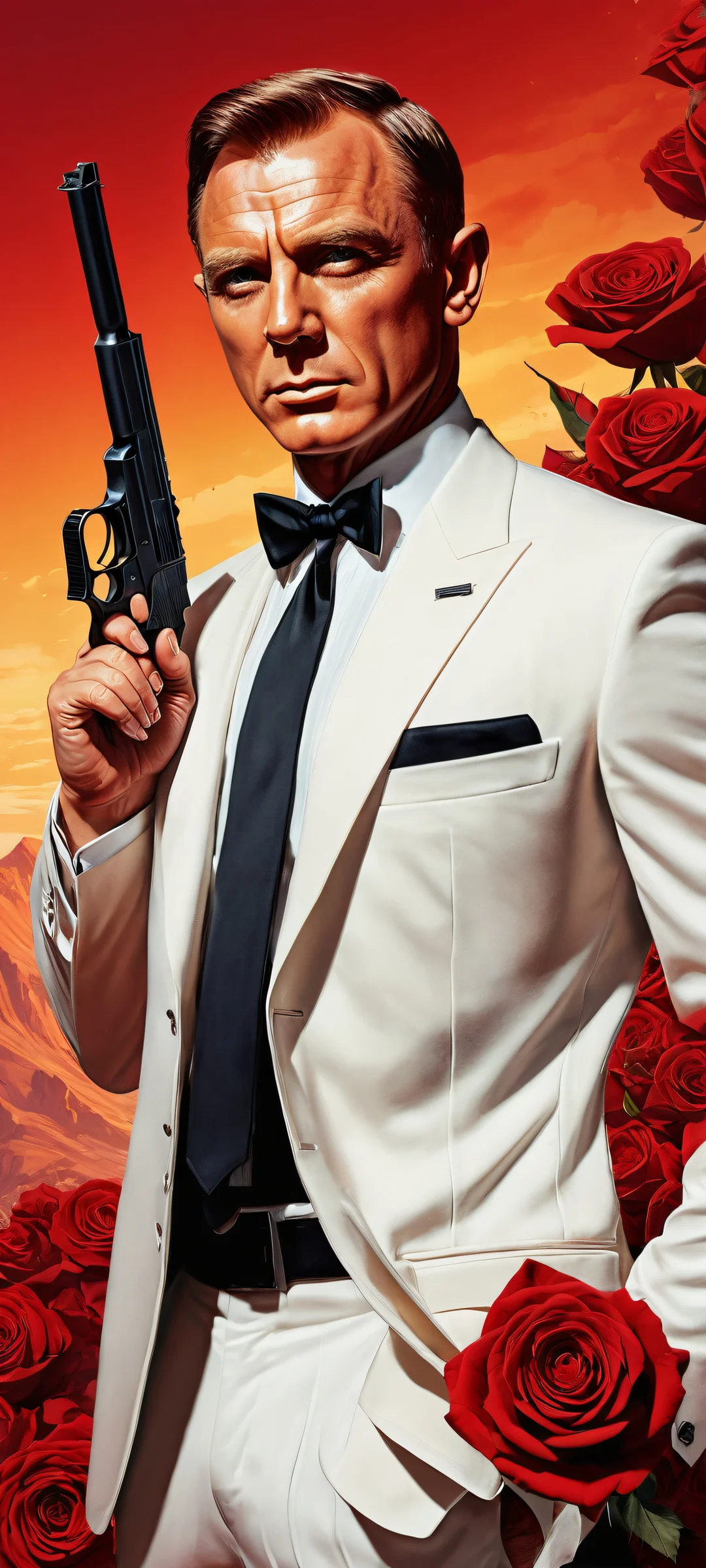 iPhone/Androïde: James Bond portrait with Makarov pistol and blood-red roses, ray-traced reflections, and pristine clarity.