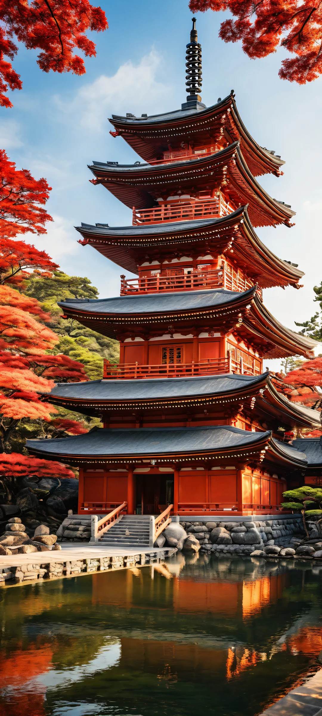 A serene and peaceful atmosphere featuring an exquisite Japanese pagoda, perfectly centered for iPhone/Android home screens.