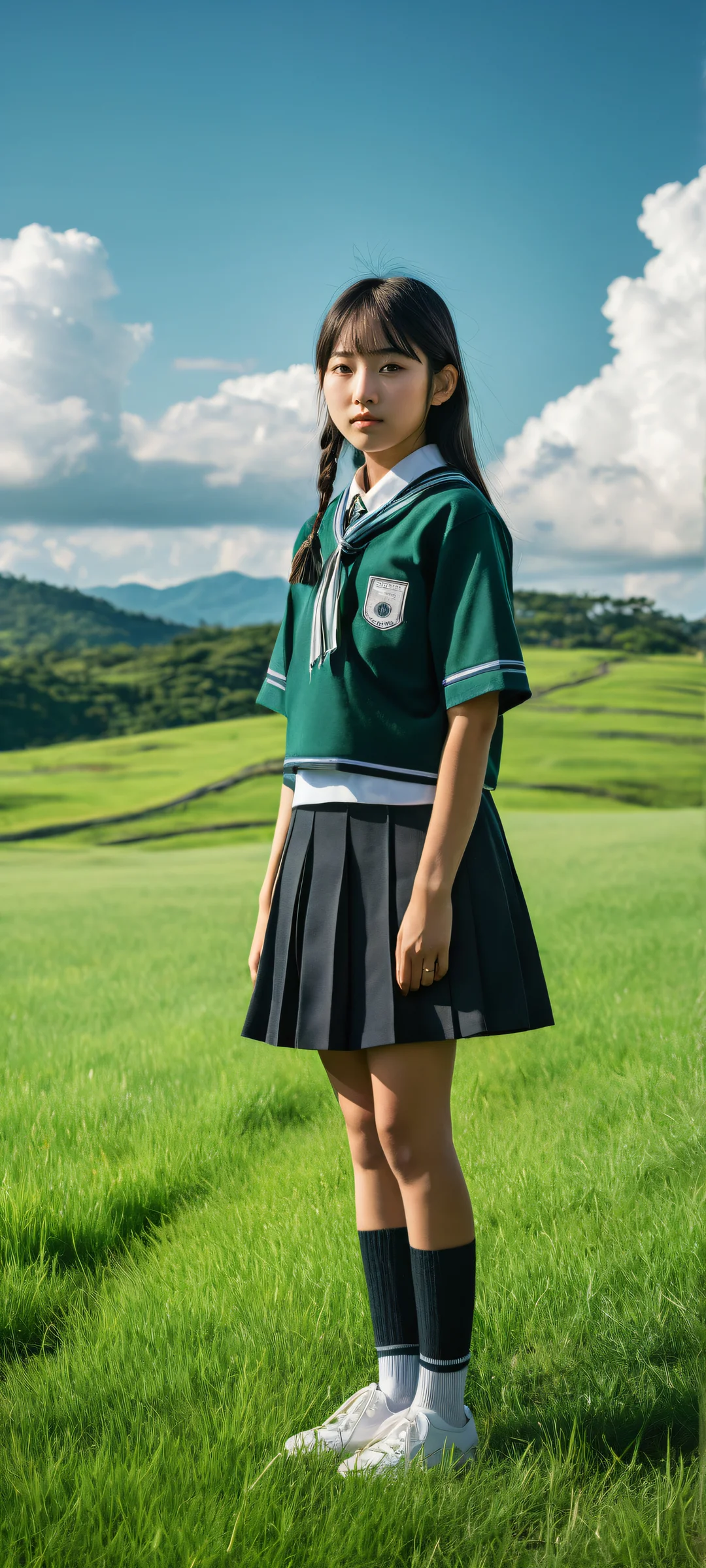A Japanese schoolgirl surrounded by lush green grass and scattered clouds on a dark mode aesthetic background, perfect for iPhone/Android wallpapers.