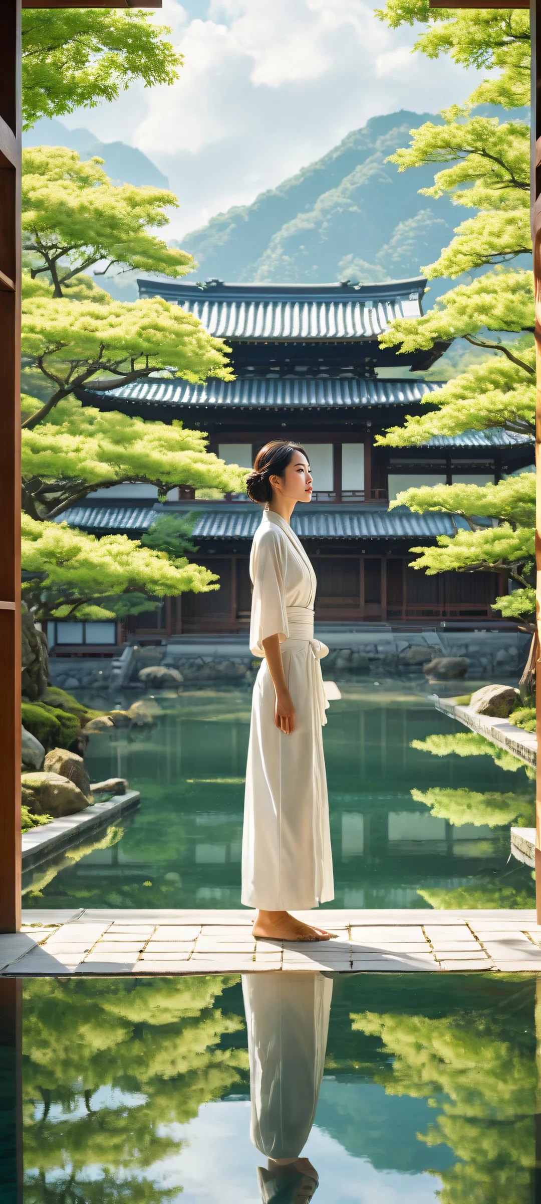 Japanese Serenity 2K QHD Mobile Wallpaperと Android のホーム画面サムスンギャラクシーiPhone用に完全に最適化 A serene Japanese woman stands in front of a tranquil Asian architecture structure with lush green grass and towering trees. Perfectly optimized for iPhone, Samsung Galaxy, and Android home screens.