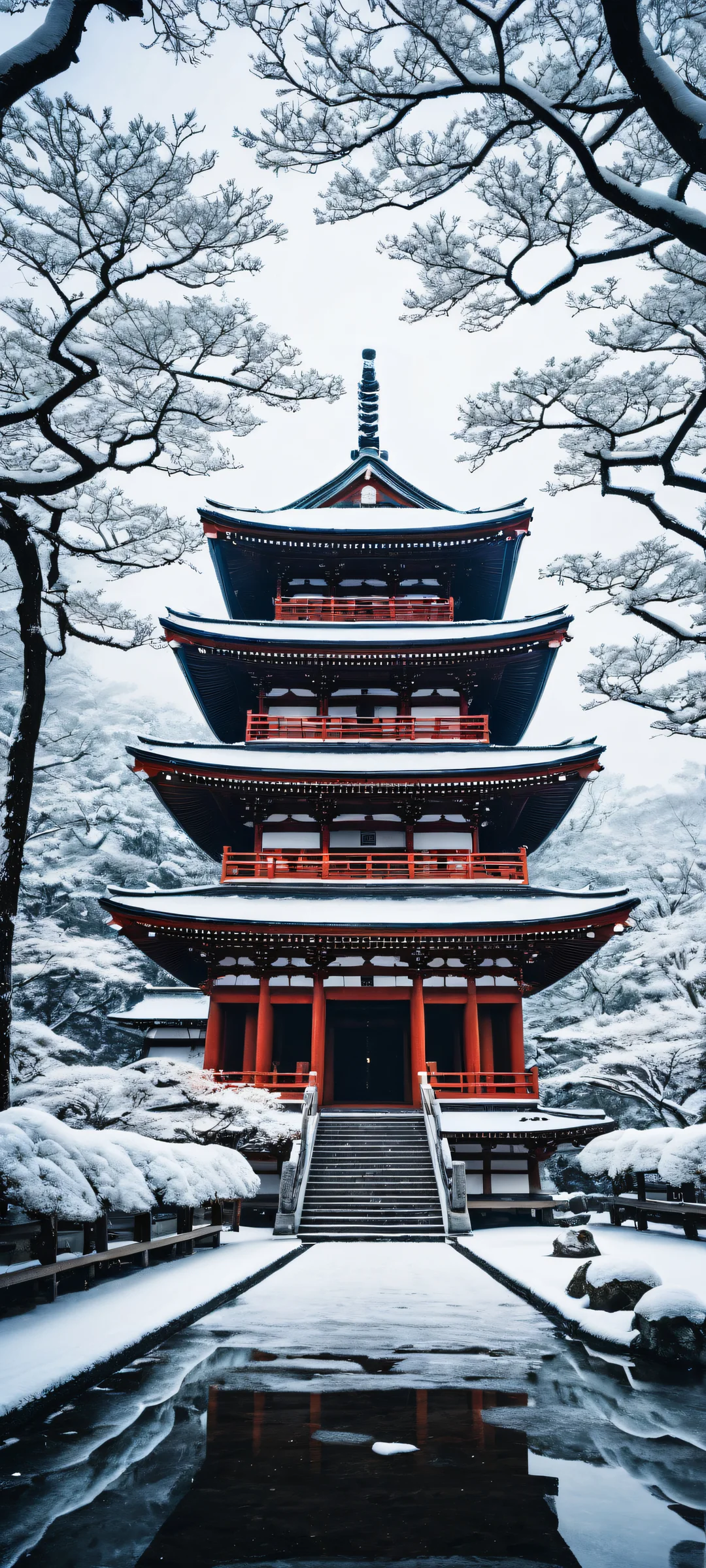 A portrait artwork of two men amidst Japanese temple architecture and snow-covered trees on a dark mode iPhone/Android wallpaper