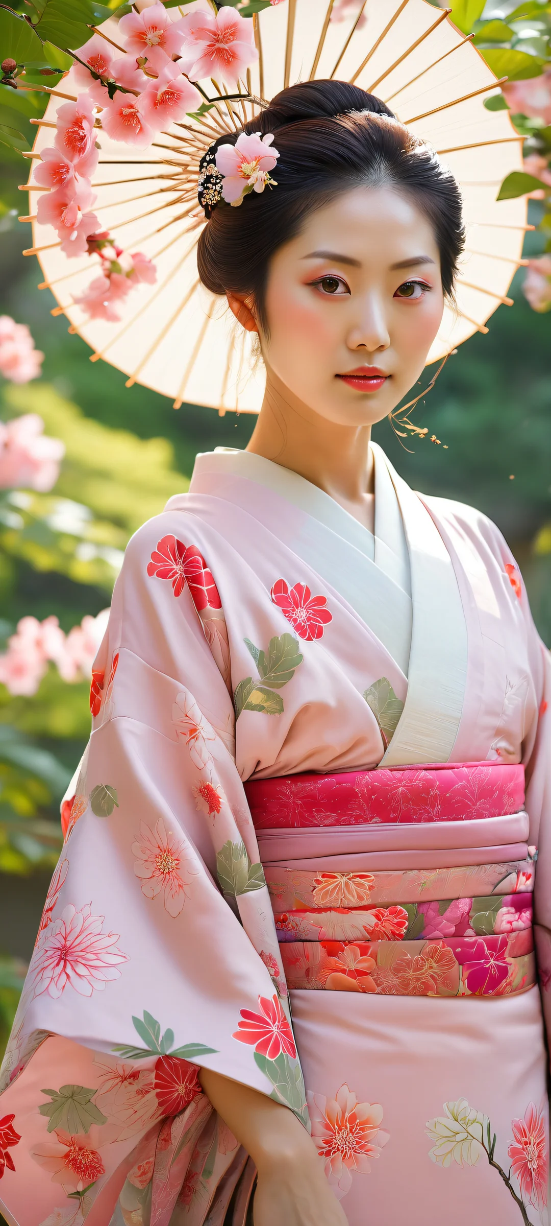 A serene Japanese woman with intricate kimono and hair details against a peaceful garden backdrop, perfect for iPhone/Android home screens.