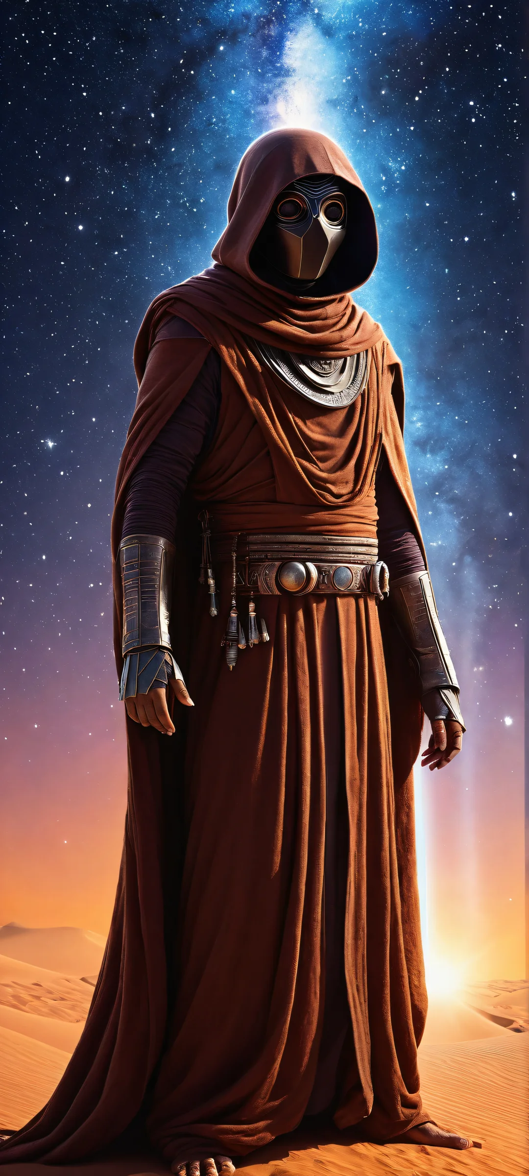 A stunning portrait of a Jawa set against a celestial canvas of stars and galaxies, perfectly optimized for iPhone/Android home screens.