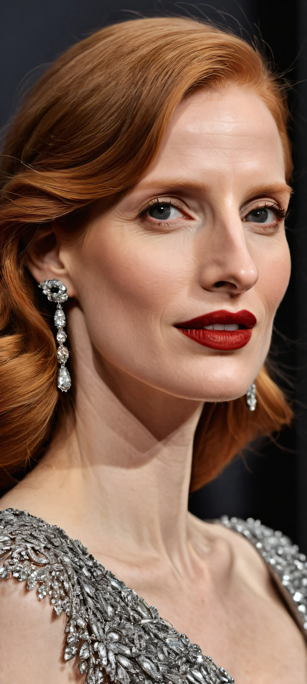 Breathtaking portrait artwork of Jessica Chastain's iconic features for iPhone/Android wallpapers, with intricate micro-details and a stunning dark mode aesthetic.