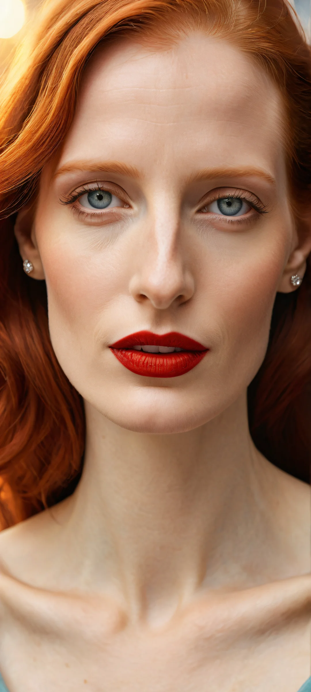 Jessica Chastain portrait on a pure void background with insane micro-details of her iconic red hair and lipstick, parfaitement optimisé pour les écrans d'accueil iPhone/Android.