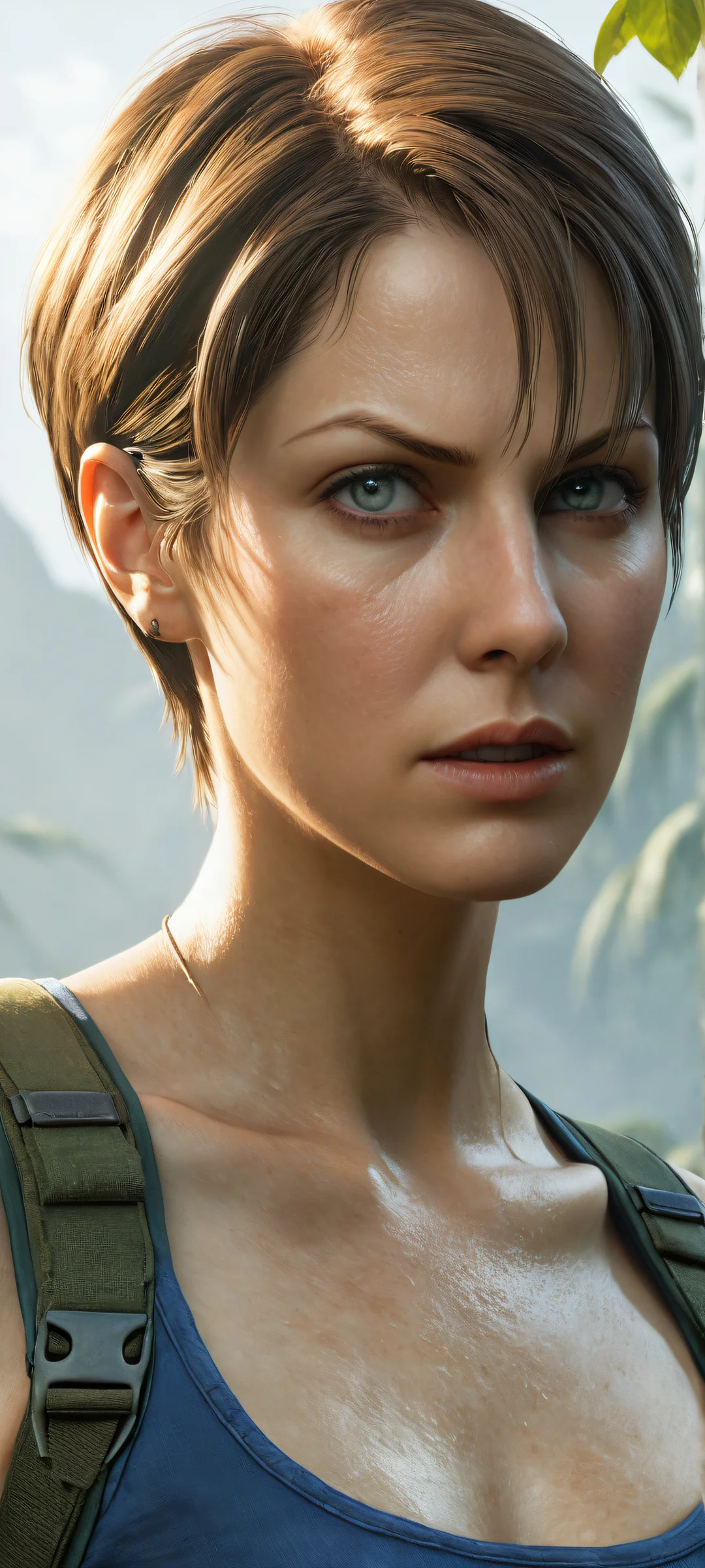 iPhone/Android background featuring Jill Valentine from Resident Evil in a haunting, mist-shrouded environment.