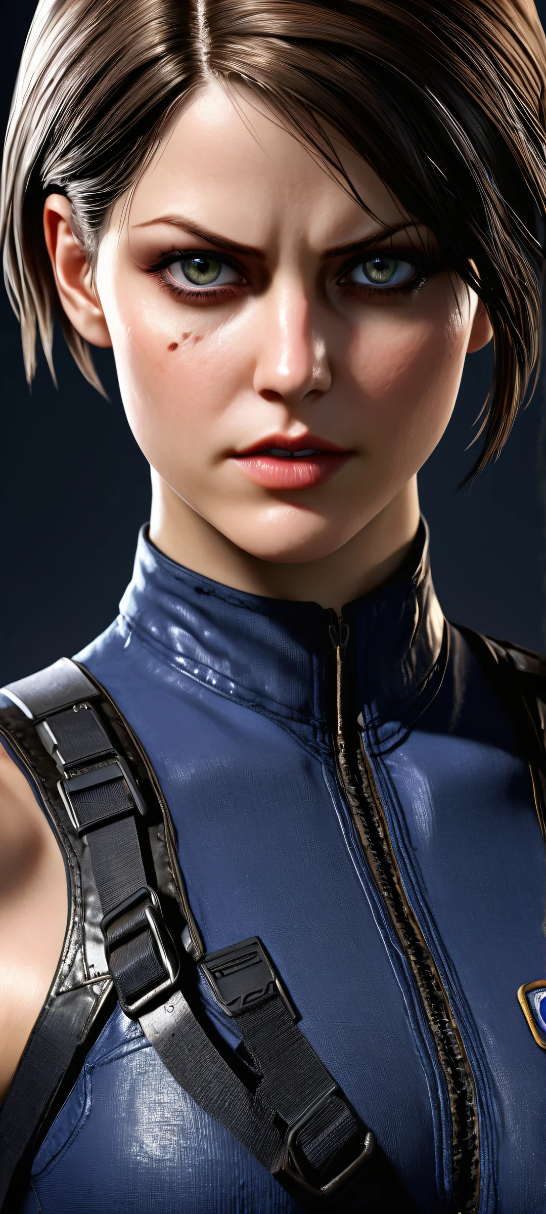 iPhone/Android wallpaper featuring Jill Valentine from Resident Evil series in a stunning vertical portrait artwork, showcasing her determination and aiming skills against a dark island backdrop.