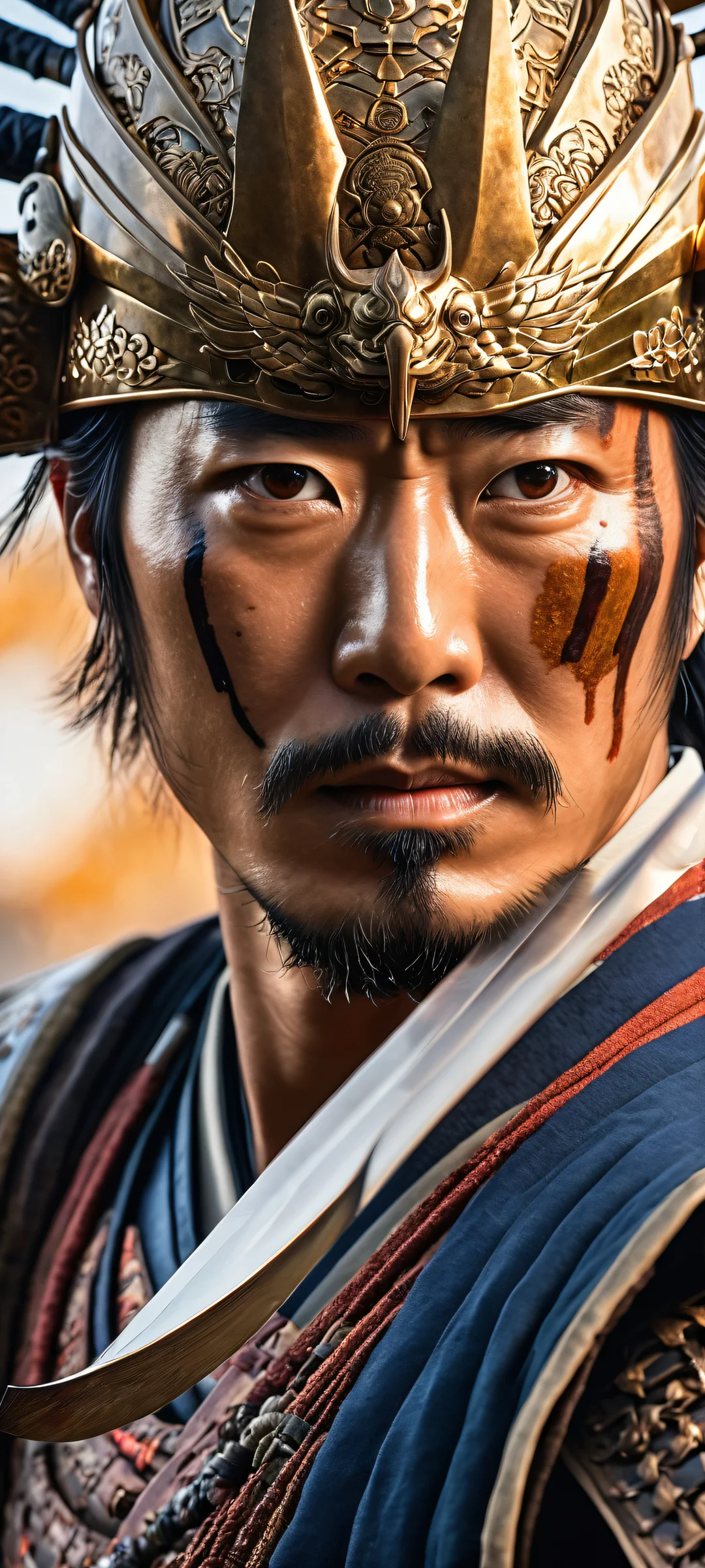 Vertical portrait artwork of Jin Sakai in samurai armor, iPhone/Android background for epic face-off, pristine clarity and ethereal lighting.