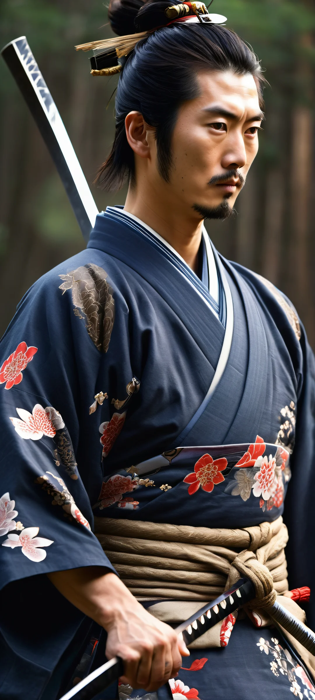 Standing Jin Sakai with sword in hand against a stunning Japanese landscape, perfect for iPhone and Android home screens.