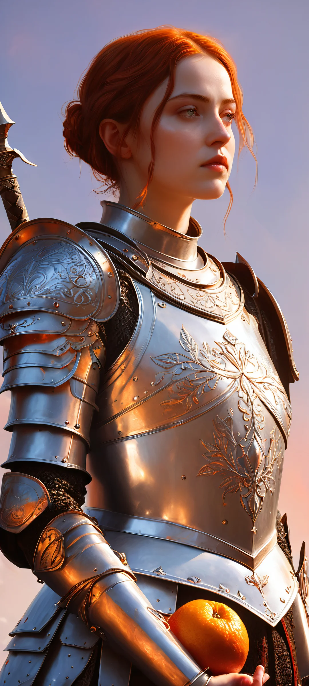 Breathtaking portrait of Young Joan of Arc on iPhone/Android, with intricate micro-details and holy light against a vast pure void.