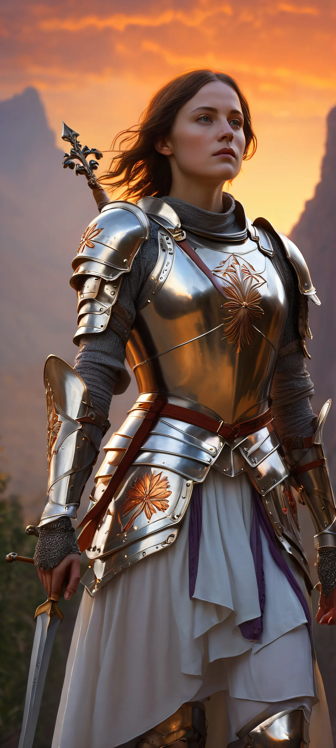 Young Joan of Arc stands proudly with her iconic white battle standard, perfectly lit by the setting sun. iPhone/Android-compatible wallpaper featuring award-winning digital art.