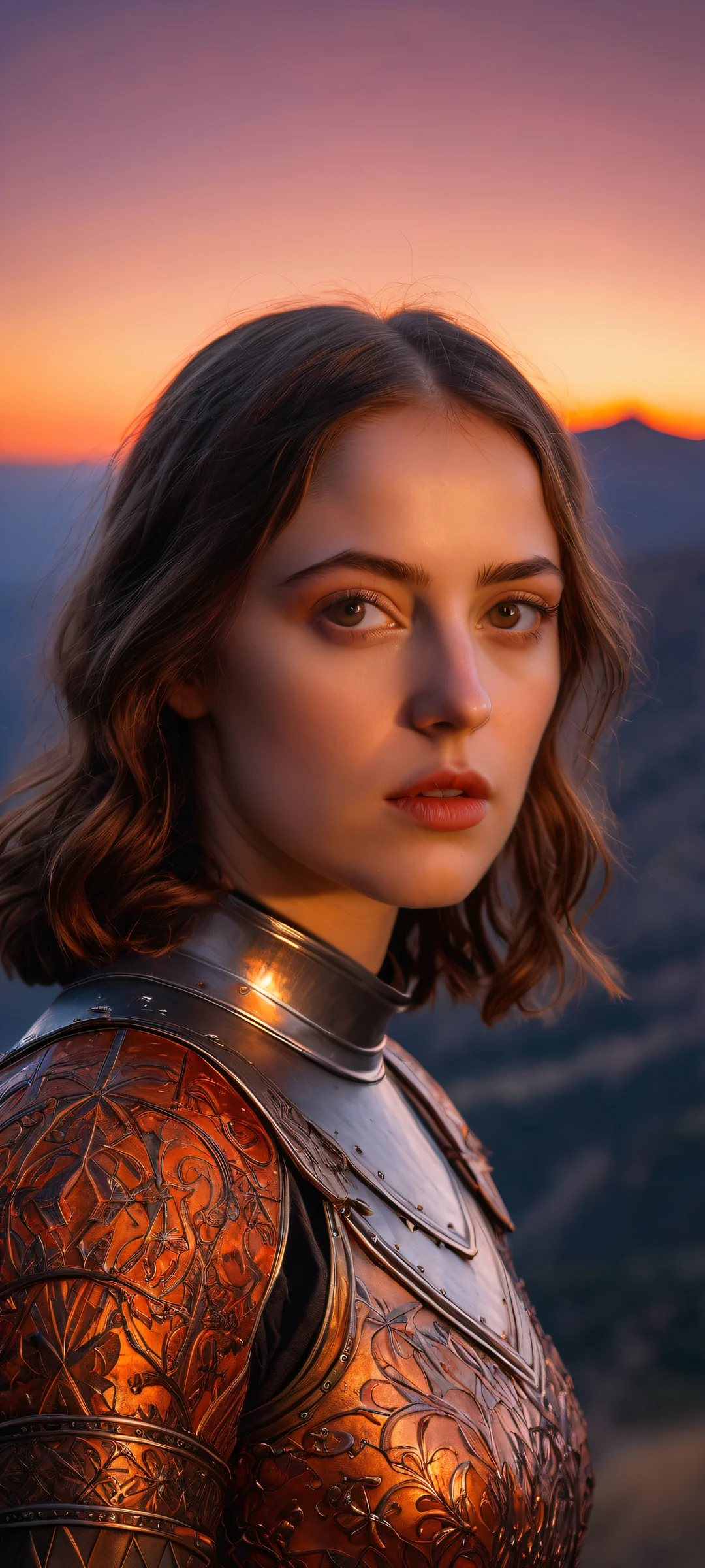 A stunning portrait artwork of Young Joan of Arc stands on a vast rolling hill at sunset, perfectly optimized for iPhone, Samsung Galaxy, and Android home screens.