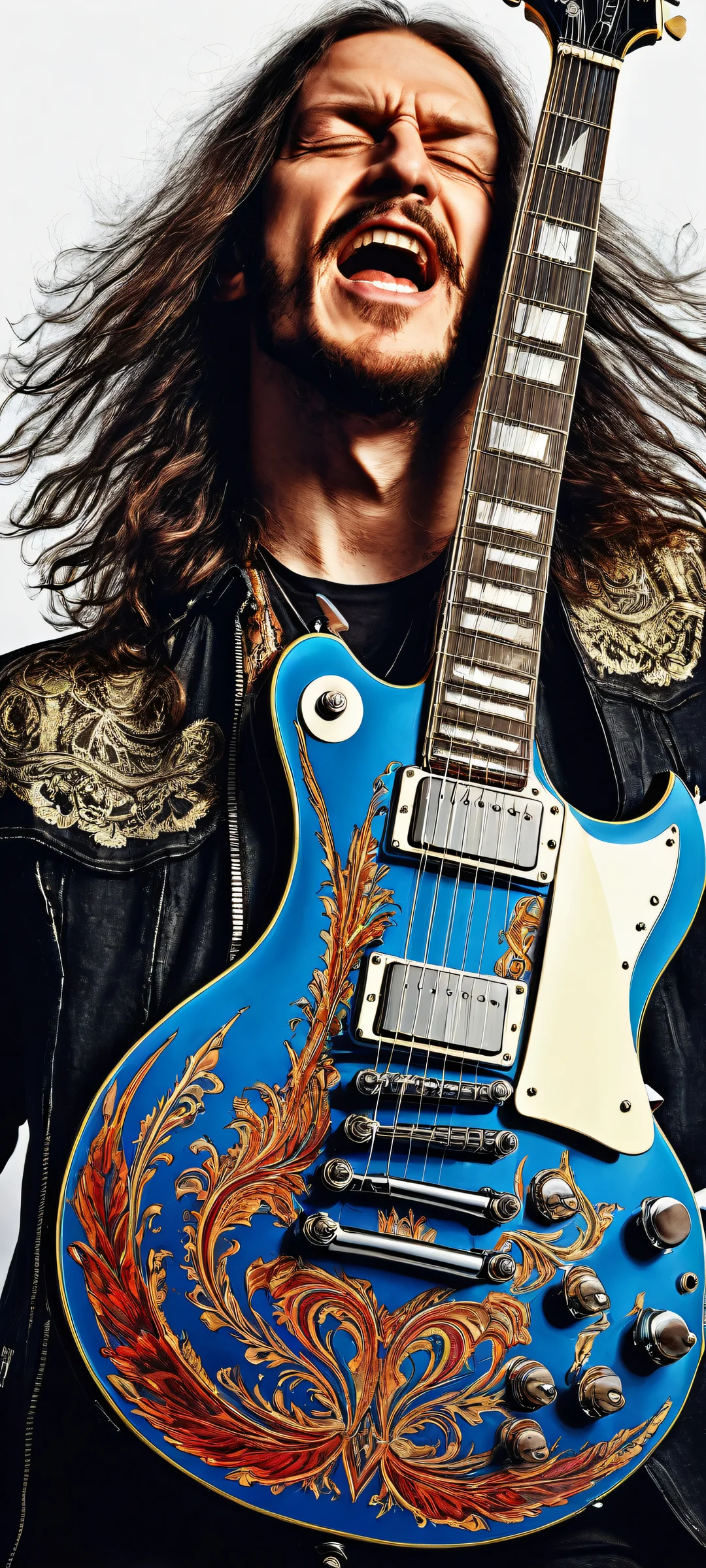 Beautiful portrait of Johannes Krauser II playing his guitar on a vast, empty background, Perfectamente optimizado para pantallas de inicio de iPhone y Android..