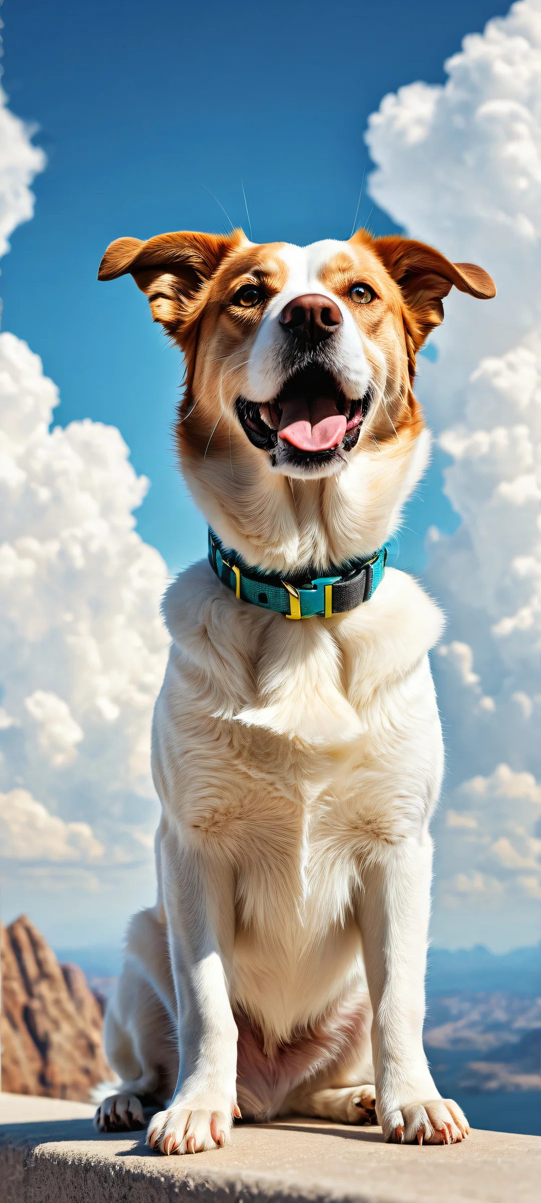 A happy dog amidst pixel art textures and patterns on an iPhone/Android device's home screen, featuring a serene sky background with subtle cloud details.