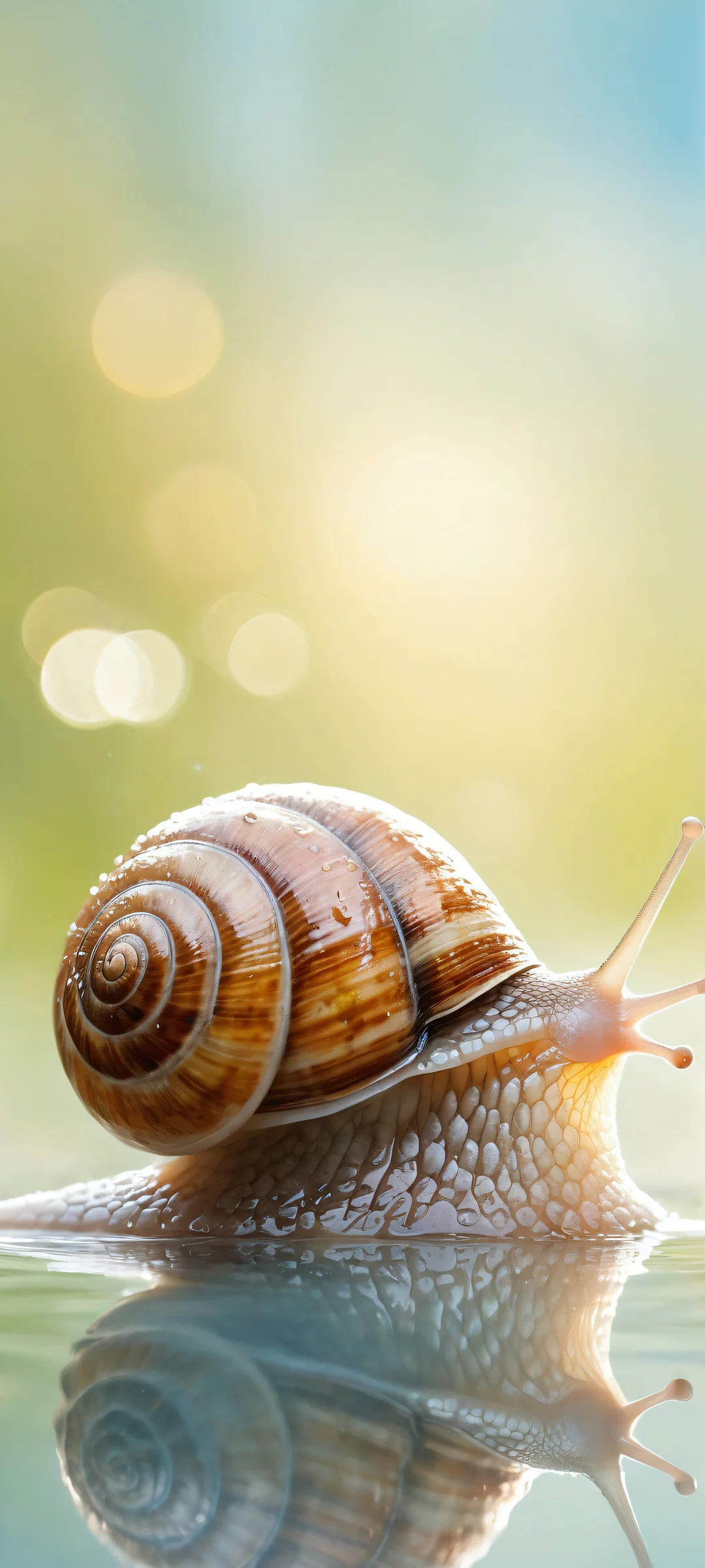 Joyful Encounter iPhone & Samsung QHD Wallpaper A smiling snail's joyful encounter on an iPhone or Android home screen, with intricate details and dew-kissed shell.