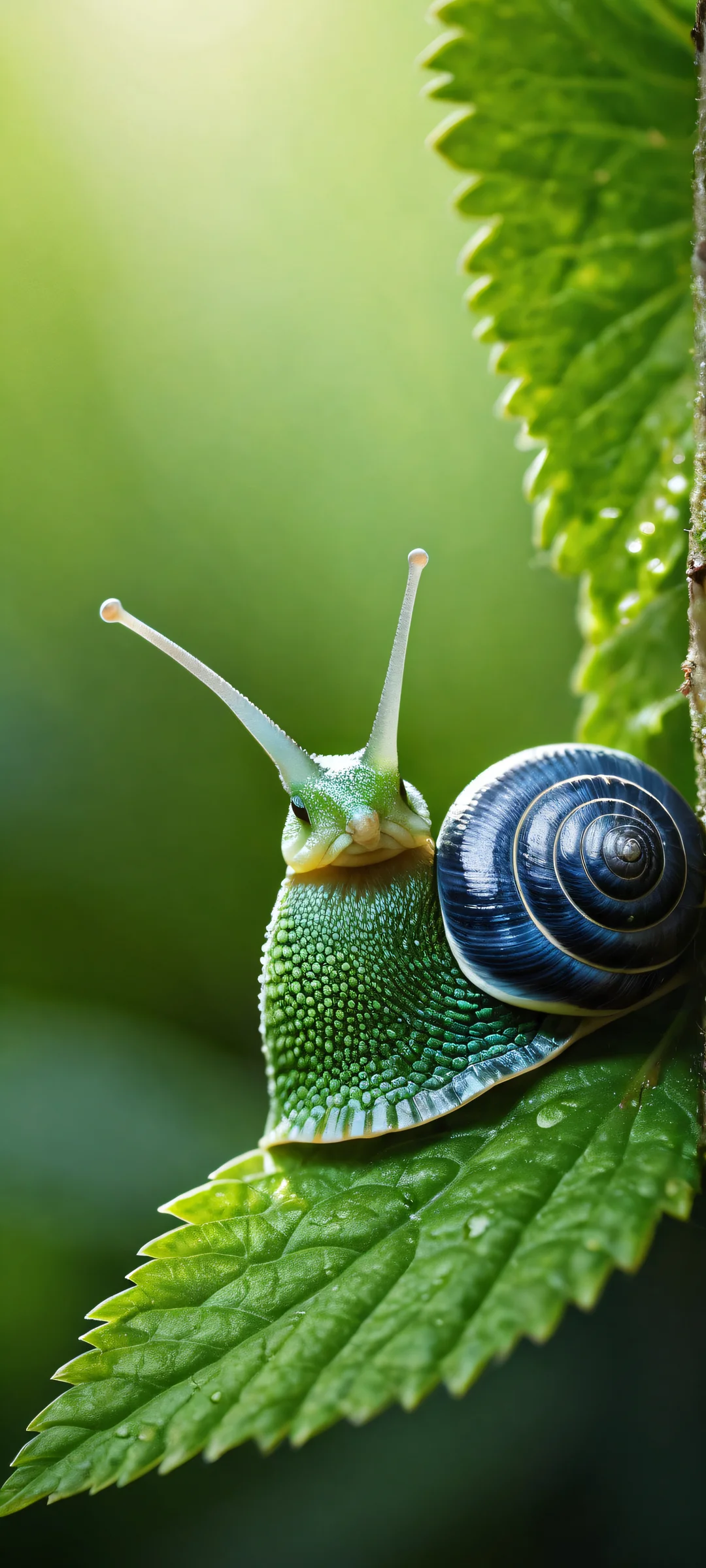 A smiling snail iPhone/Android wallpaper with lush greenery and micro-details. Perfect for home screens.
