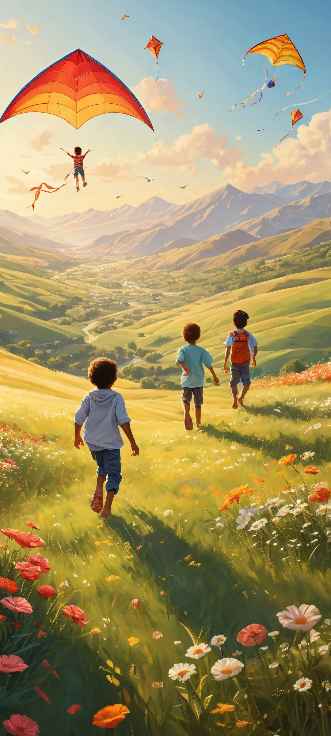 iPhone/Android users will love this breathtaking vertical portrait artwork of children playing with kites, set against a serene outdoor landscape with rolling hills and distant mountains.