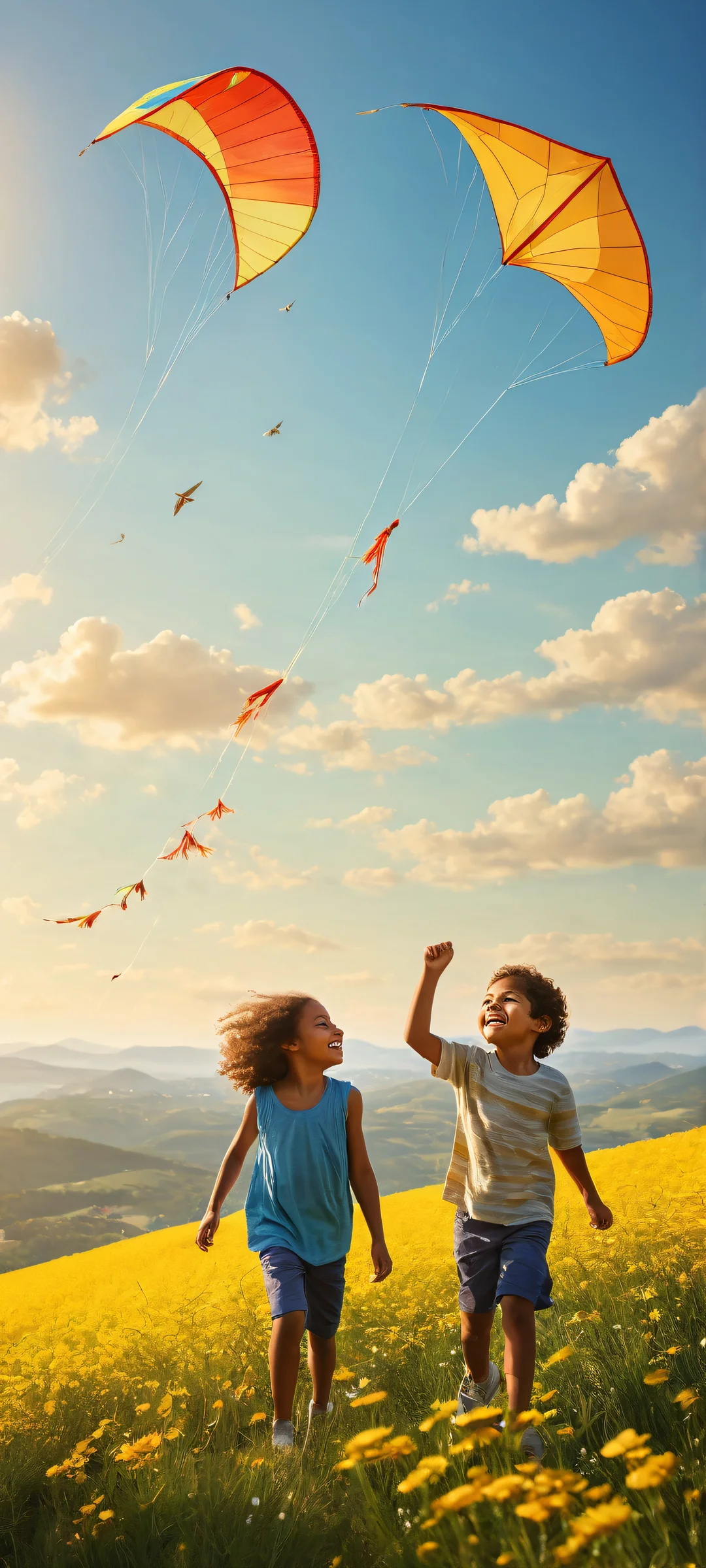 Children playing with kite on iPhone/Android background, award-winning digital art, stunning visual impact, and pristine clarity.