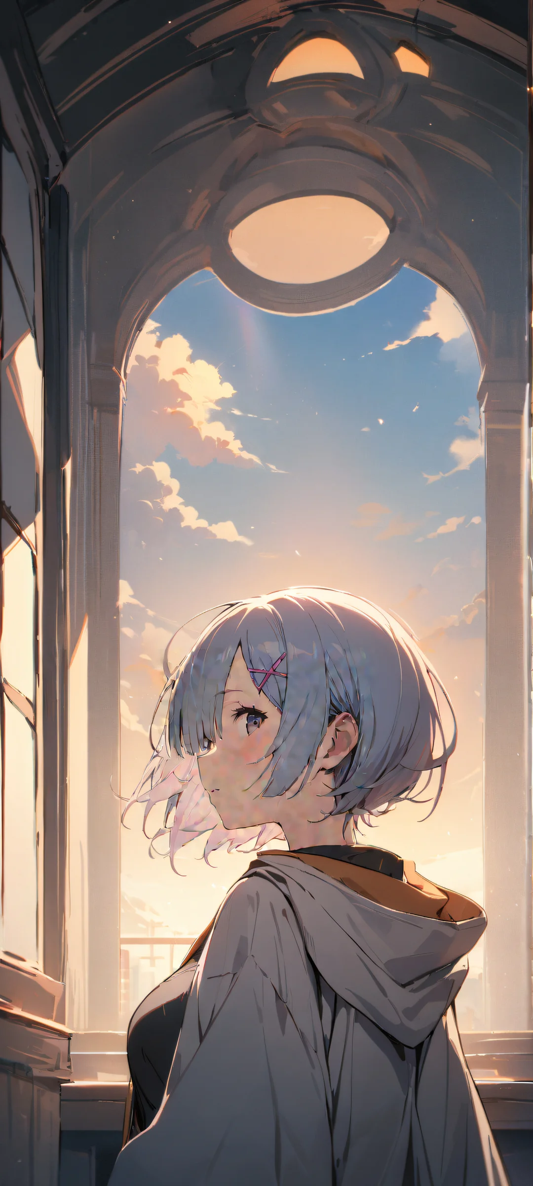 A young girl with a radiant smile gazes at the viewer from a serene anime-inspired background featuring vibrant white, warm blonde tones, and subtle grays, evoking optimism and joy for iPhone/Android devices.