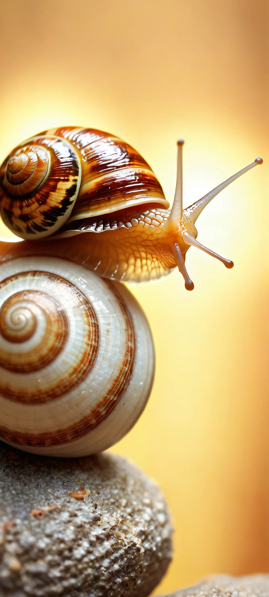 A snail's joyful expression and intricate shell patterns on a serene background, perfectly optimized for iPhone and Android home screens.